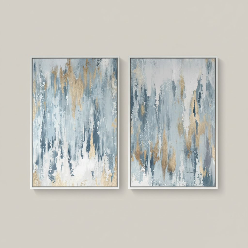Set of 2 Blue and Gold Abstract Canvas Wall Art