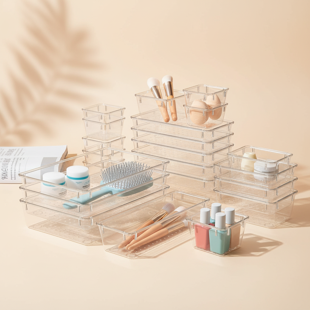 Clear Plastic Drawer Organizer Set with 4 Sizes and Non-Slip Base
