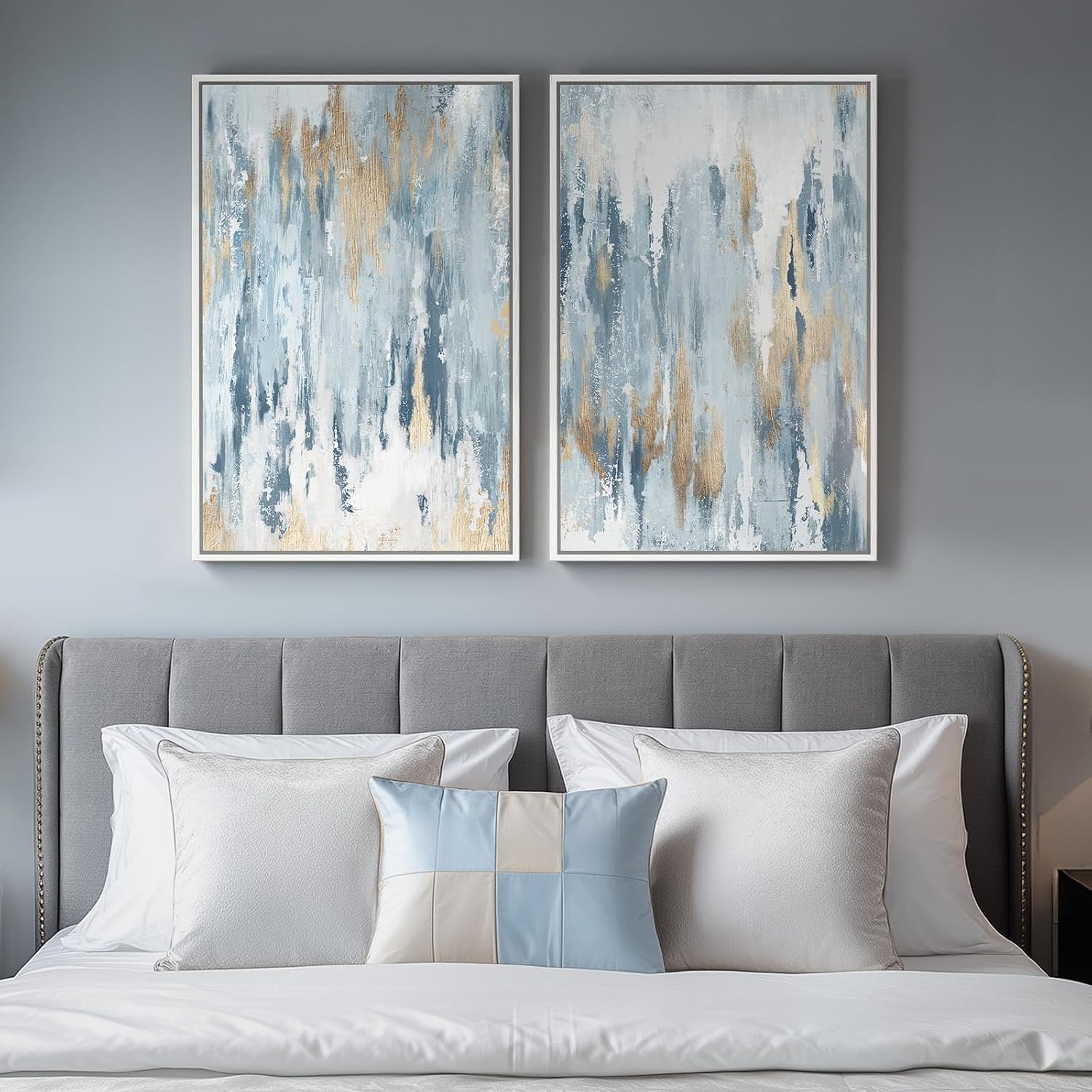 Framed Blue and Gold Abstract Canvas Wall Art, Set of 2, 16x24 In