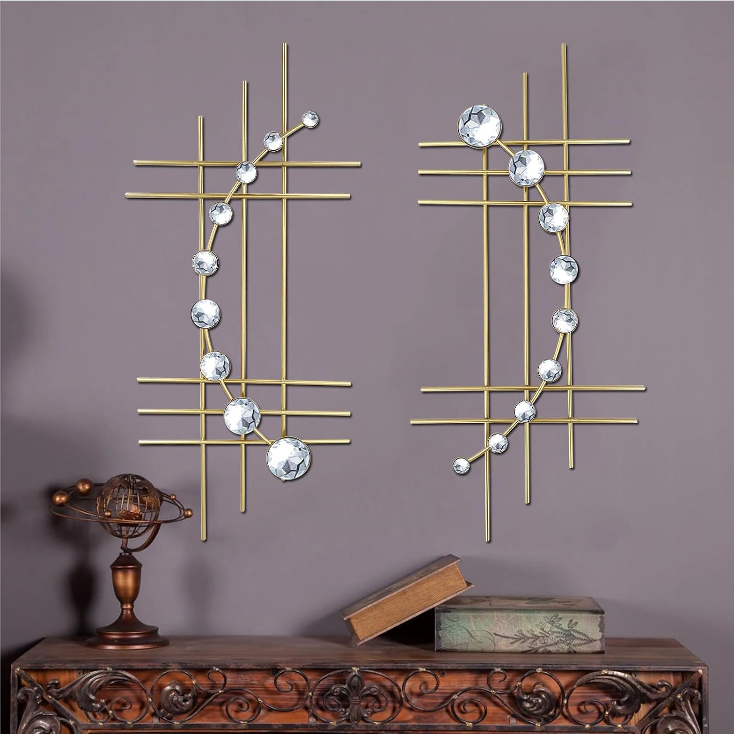 ZEXUIRU 2-Set Gold Bling Metal Wall Art with Jeweled Crystal Rhinestone Abstract Sculptures