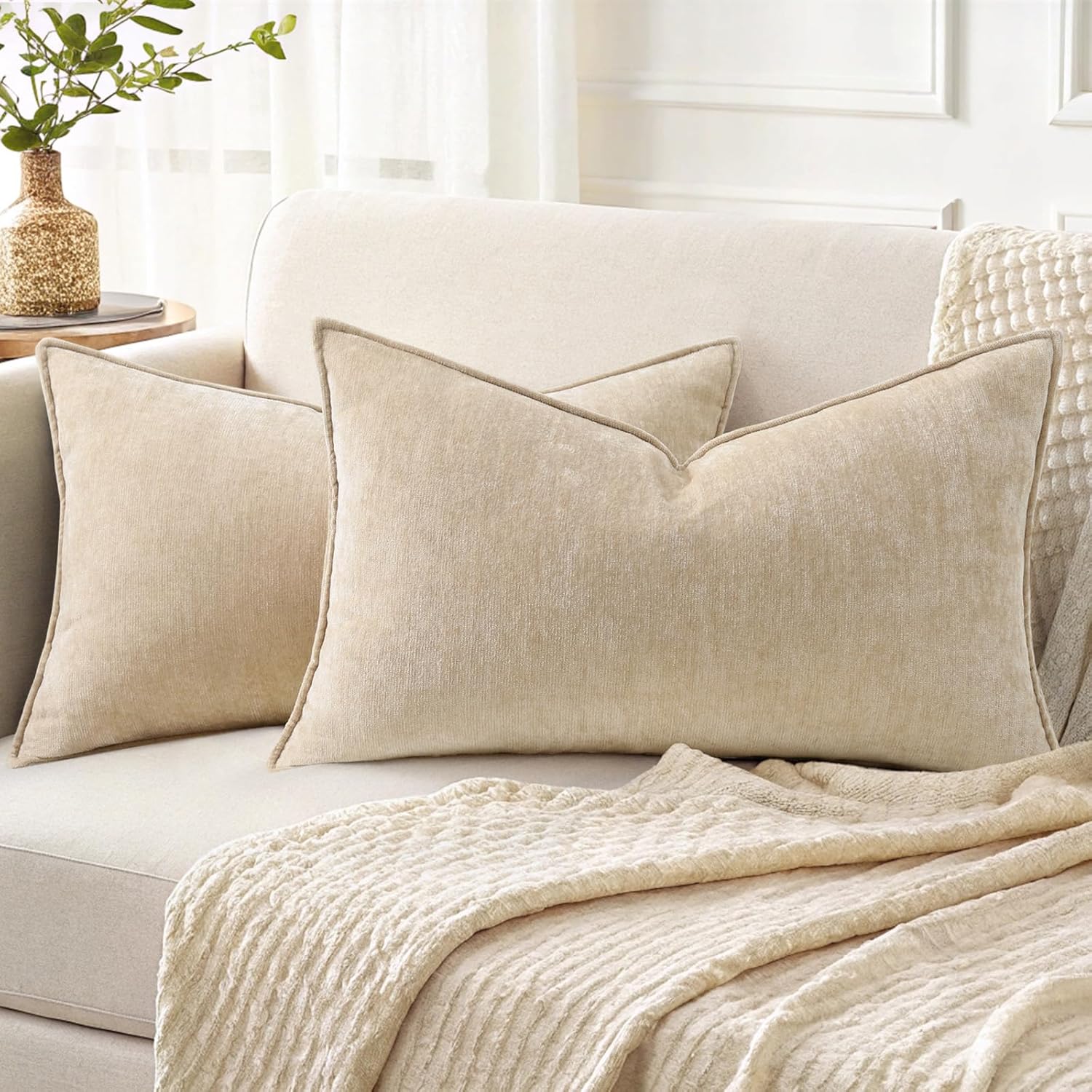 Beige Chenille Velvet Lumbar Throw Pillow Covers, 12 x 20 in, Set of 2