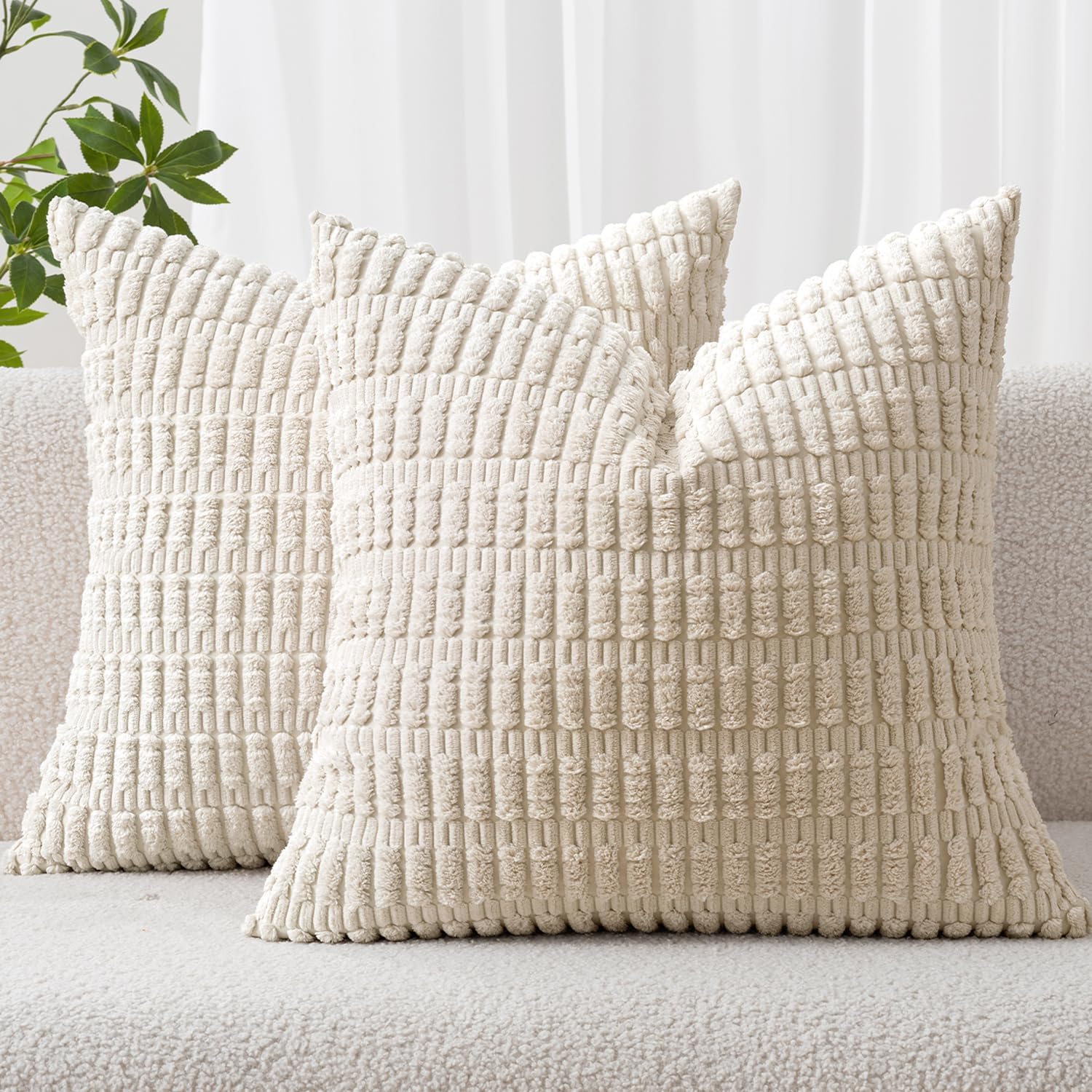 MIULEE Pack of 2 Corduroy Decorative Throw Pillow Covers, 18 x 18 Inch, Cream White