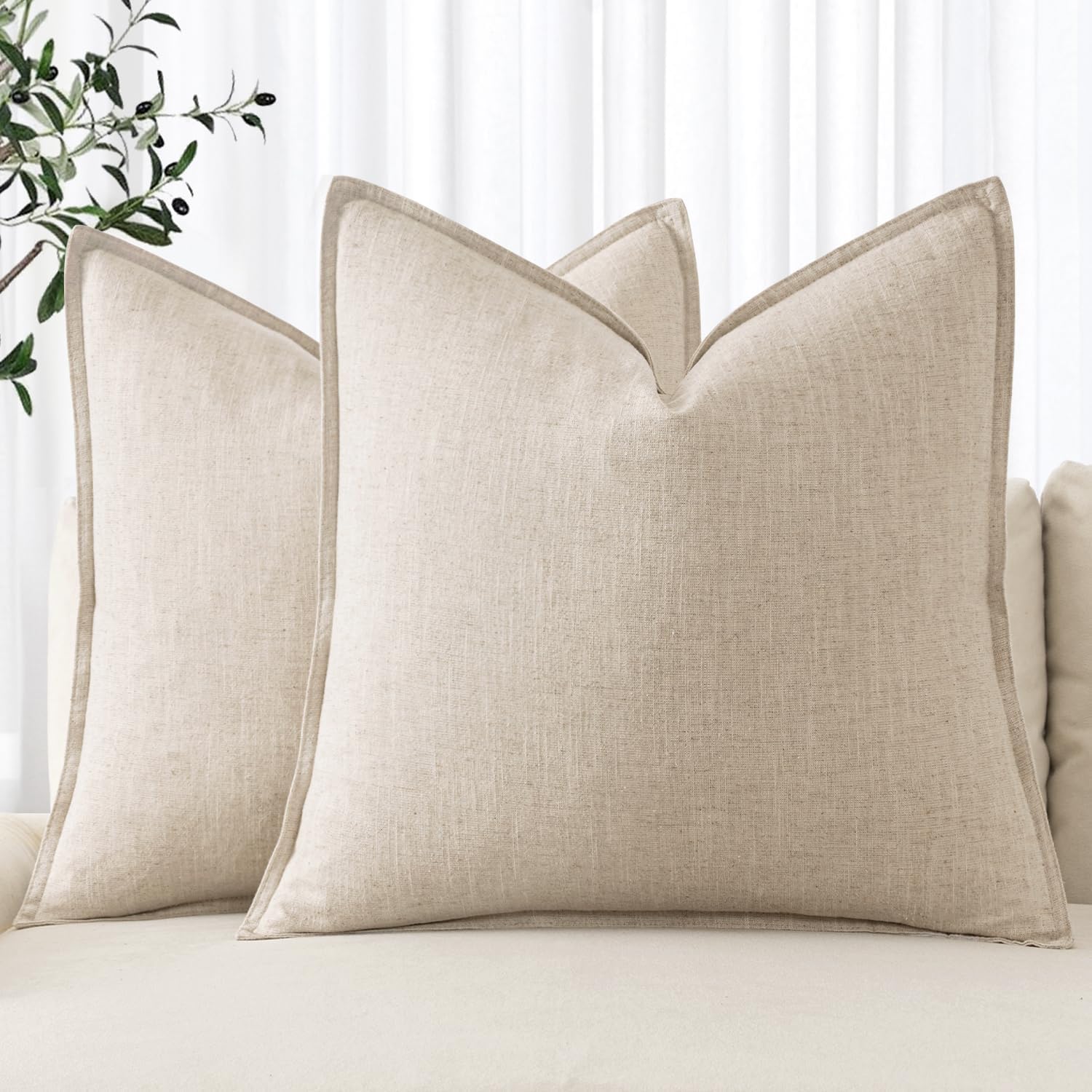 MIULEE Decorative Linen Euro Sham Pillow Covers, 24 x 24 in, Natural Beige, Pack of 2