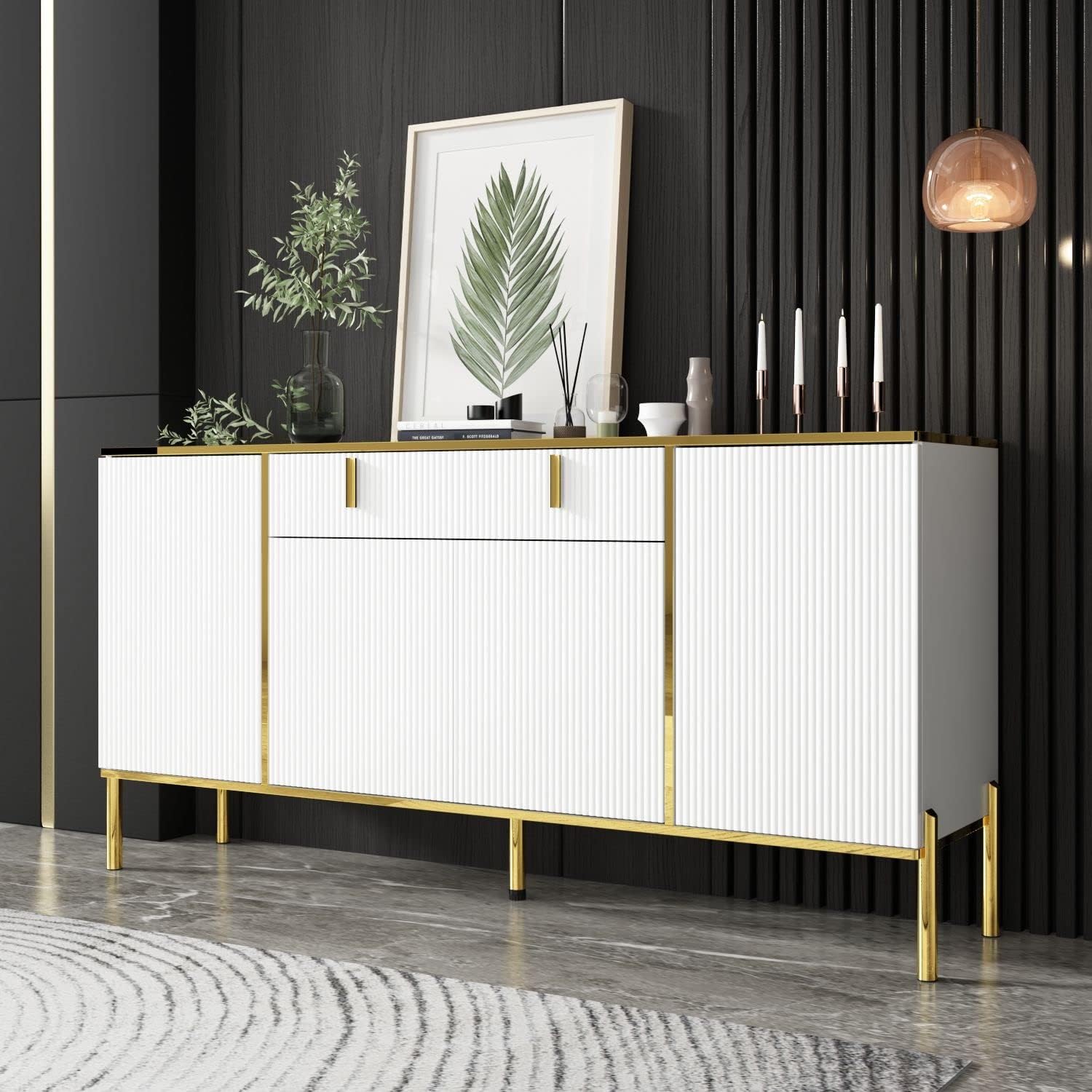 FAMAPY Modern Credenza Sideboard Buffet with Drawer and Pop-Up Doors, White and Gold, 63"W x 15.7"D x 31.5"H