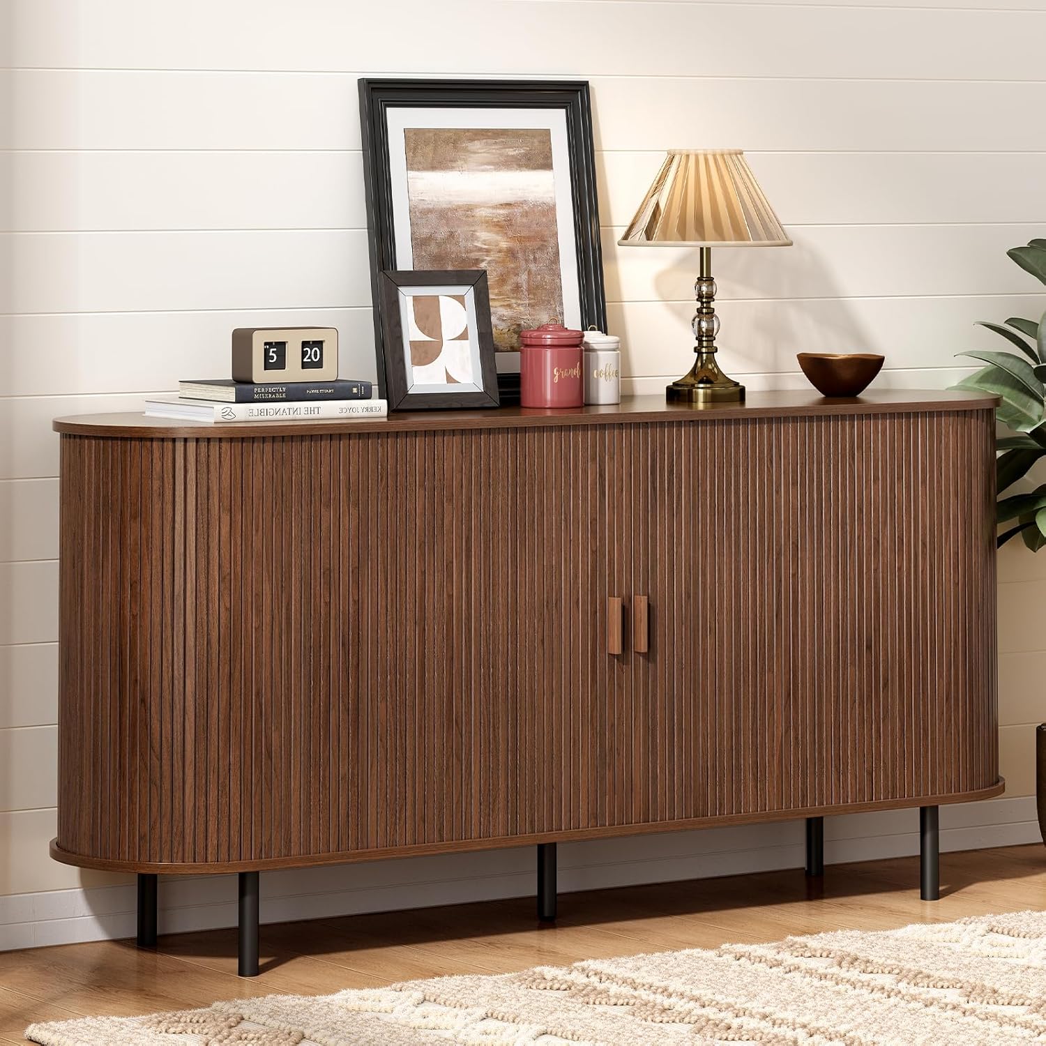 ONBRILL 63" Sideboard Buffet Cabinet with Sliding Door and Adjustable Shelf, Walnut