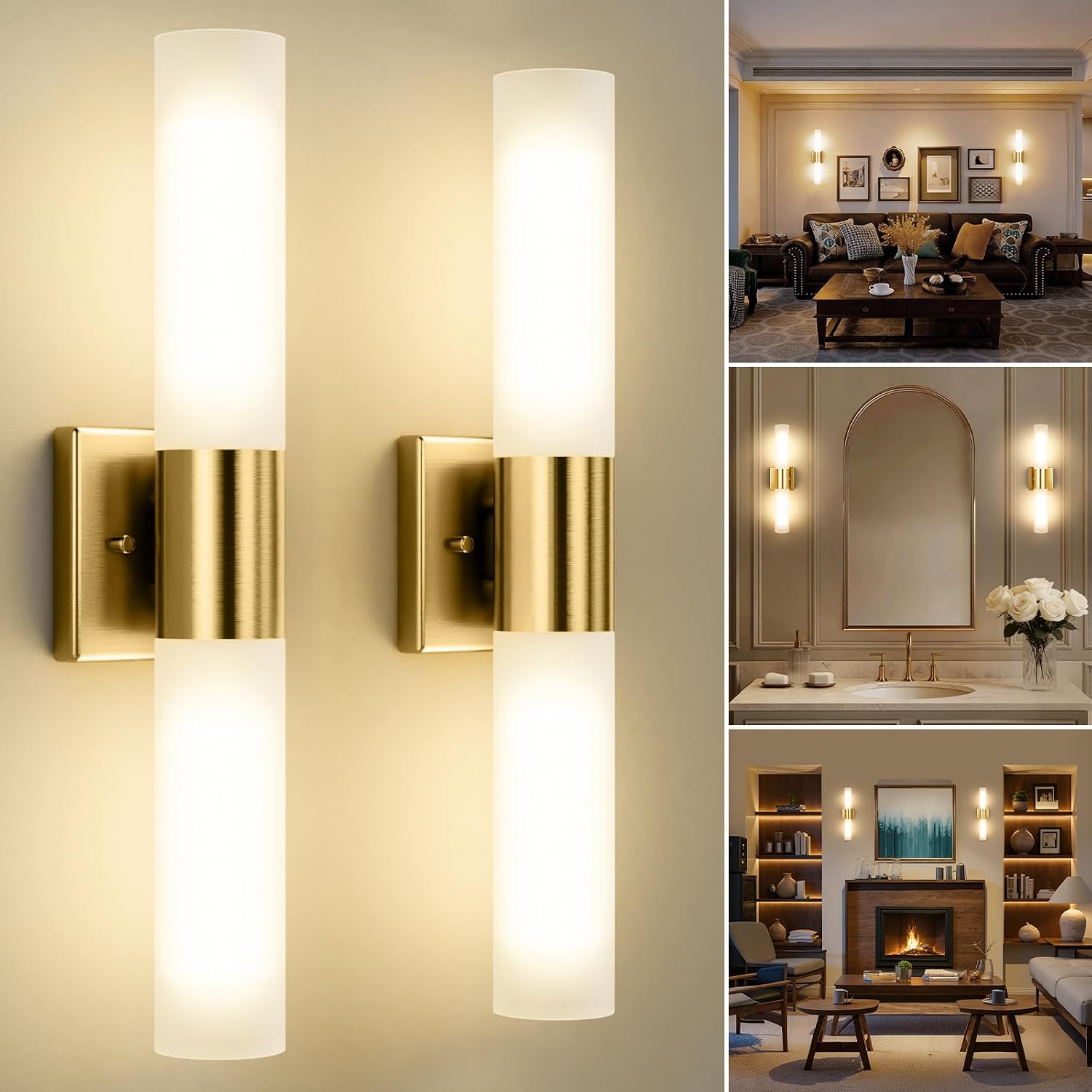 Kalium Wall Sconces Set of Two, Modern 21-Inch Vanity, Frosted Glass, Gold
