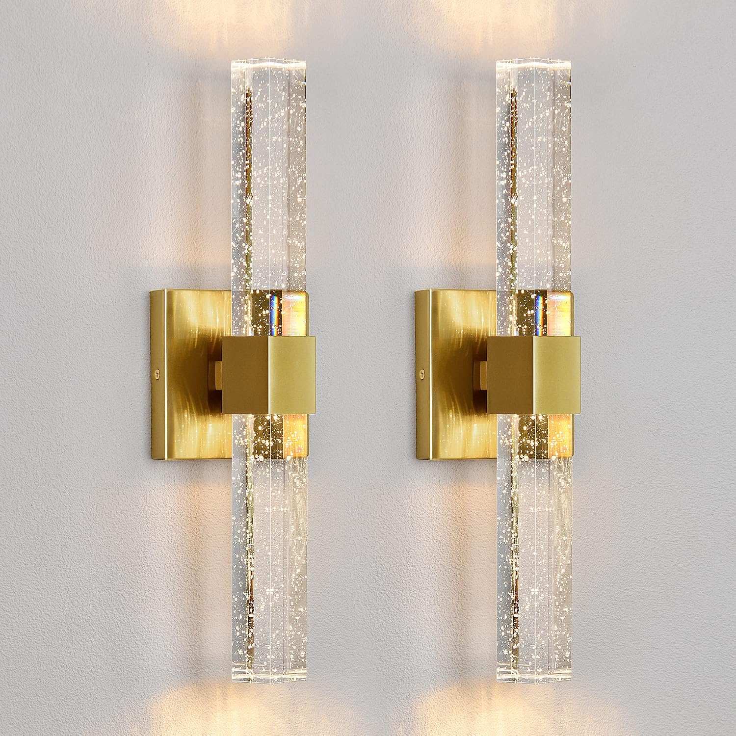 Epinl Gold Wall Sconces Set of Two, 14W Dimmable LED Crystal Wall Lights with Bubble Glass, 15.7-Inch Indoor Vanity Lights for Bathroom, Hallway, or Bedroom