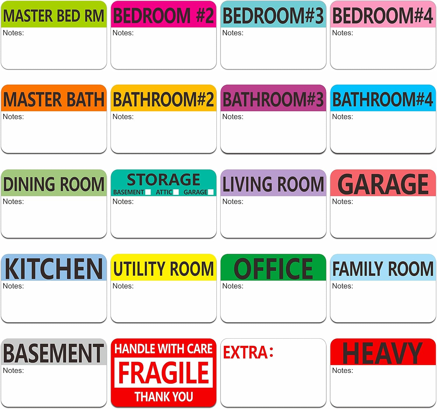 500-Piece Pre-Printed Color-Coded Home Moving Packing Box Labels, 20 Designs, Writable Notes Areas, 2" x 3"