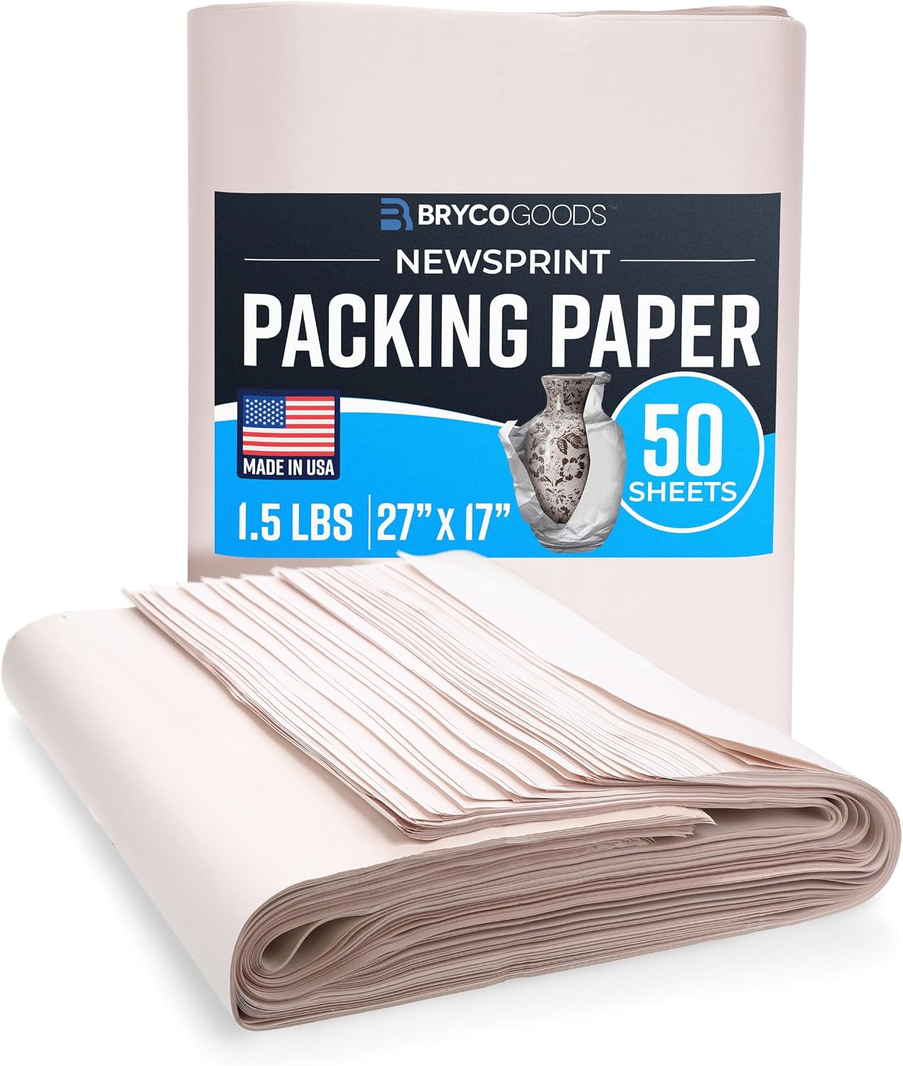 Bryco Goods Newsprint Packing Paper Sheets for Moving - 1.5lb - 50 Sheets of Newspaper Paper - Wrapping and Protecting Fragile Items, Box Filler, Shipping Supplies - 27" x 17" - Made in the USA