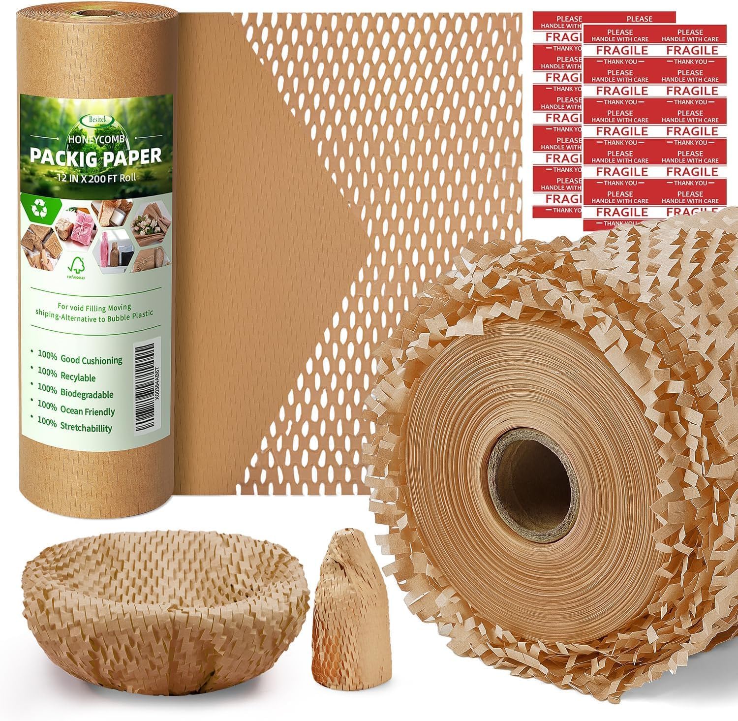 Honeycomb Packing Paper, 12 in x 200 ft, with 20 Fragile Sticker Labels