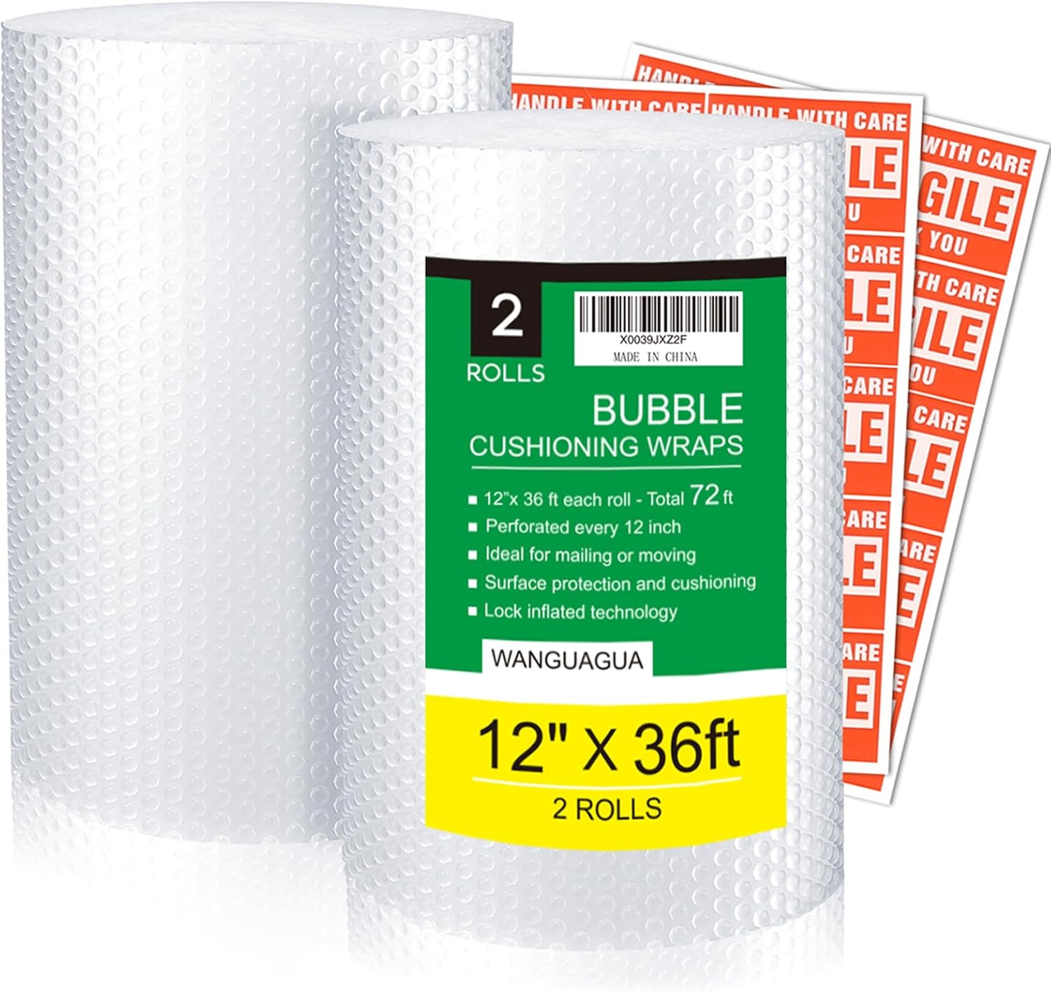 WANGUAGUA Bubble Packing Moving Wrap, 12 Inch x 72 ft Total, 2 Pack