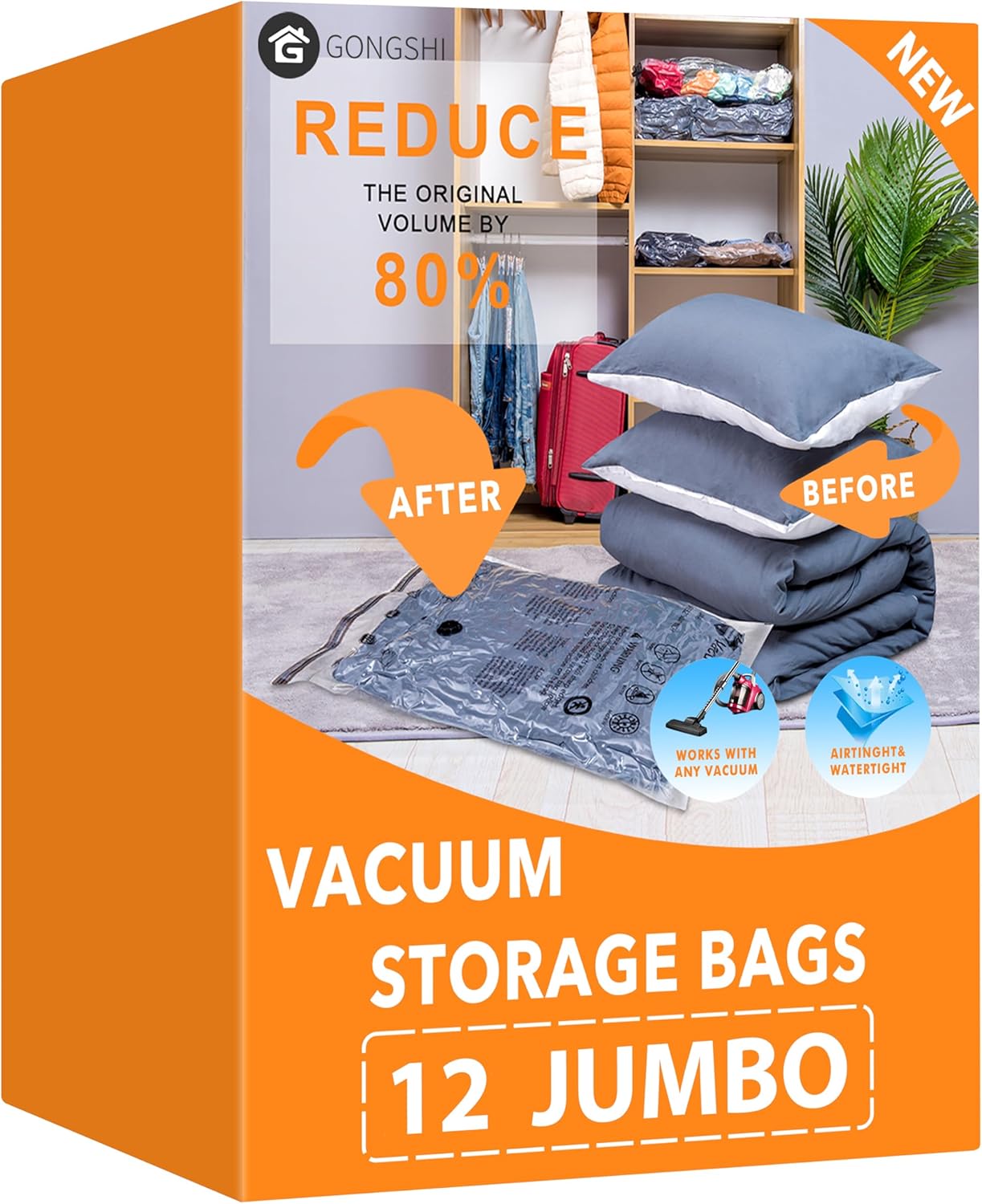 GONGSHI Vacuum Storage Bags for Clothing, 12-Pack, Jumbo