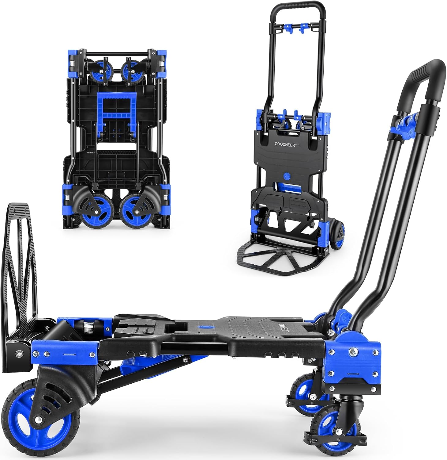 Folding Hand Truck Dolly, 330 lb Convertible 4-to-2-Wheel Moving Cart, Blue