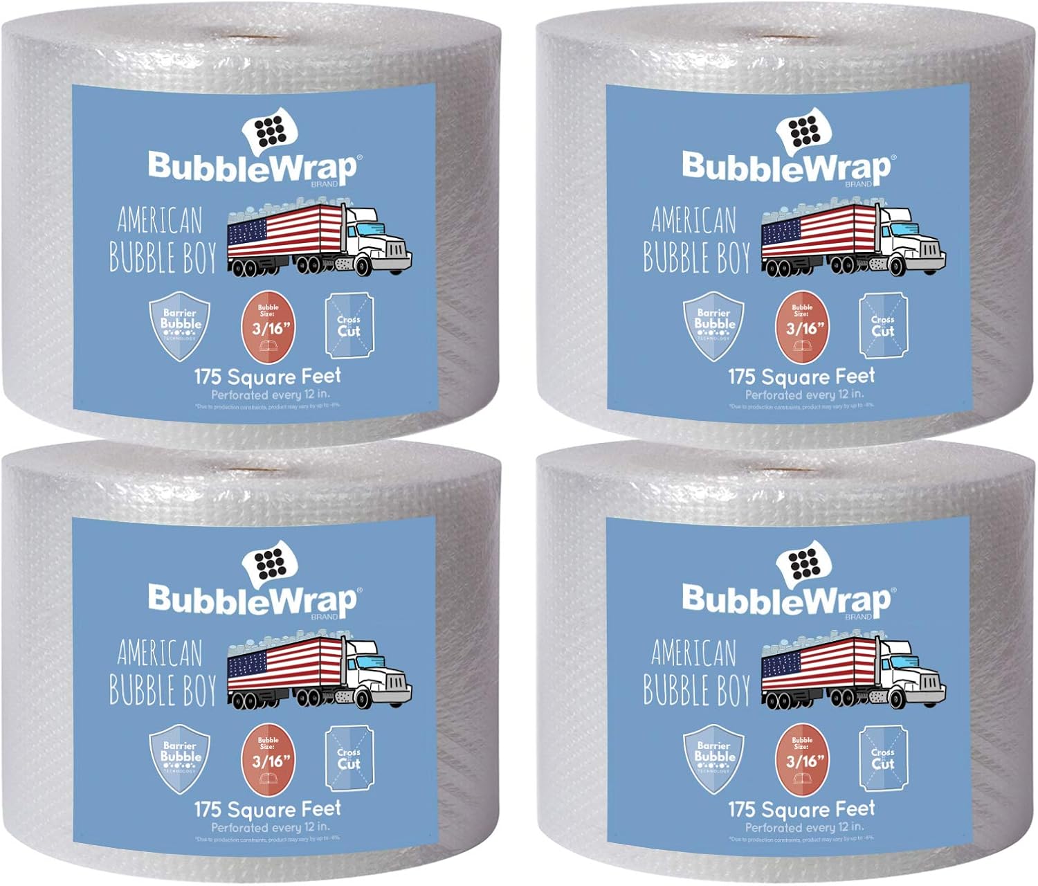 Bubble Wrap, 4 Large Rolls, 700 Feet Total, 3/16-Inch Small Bubbles, Perforated Every 12 Inches