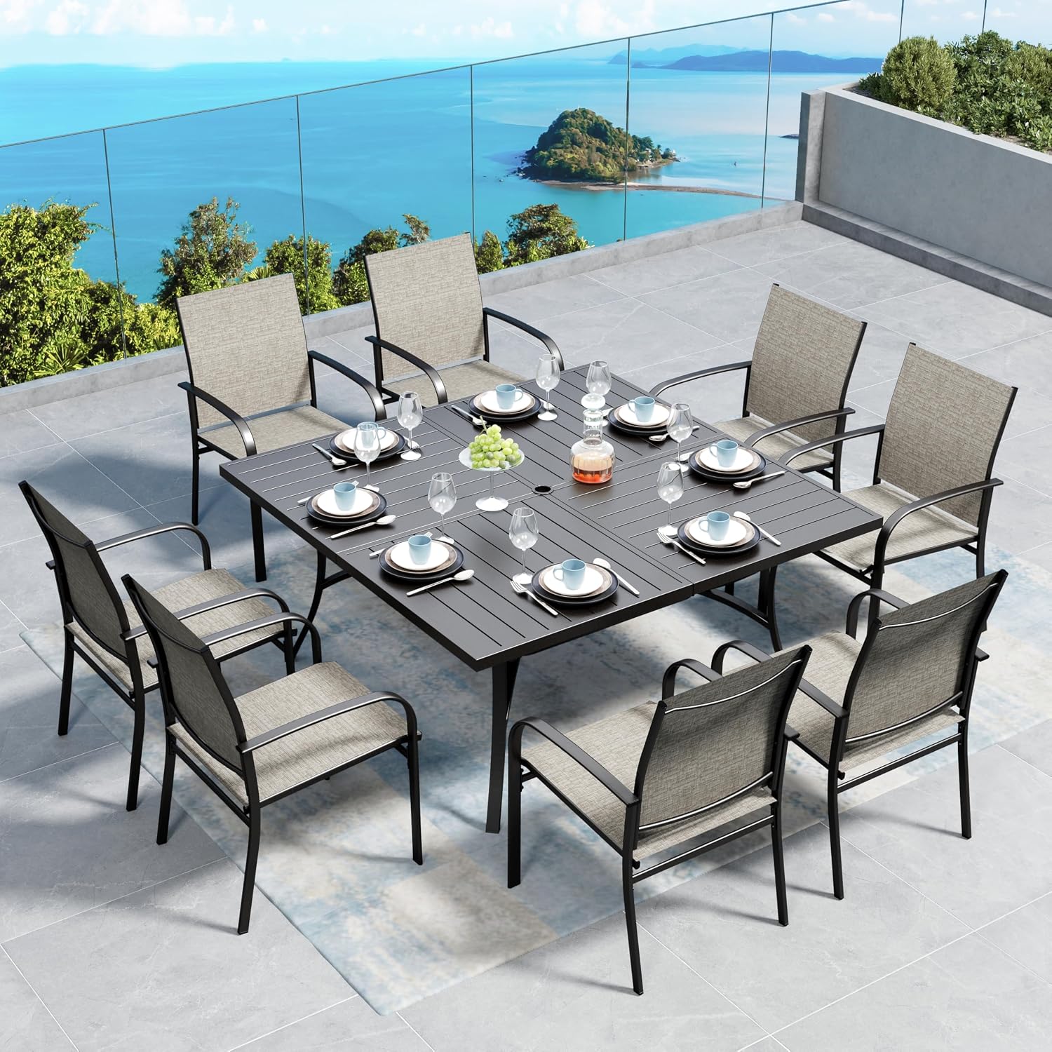 9-Piece Patio Dining Set with 57.5-Inch Square Table and 8 Brown Chairs