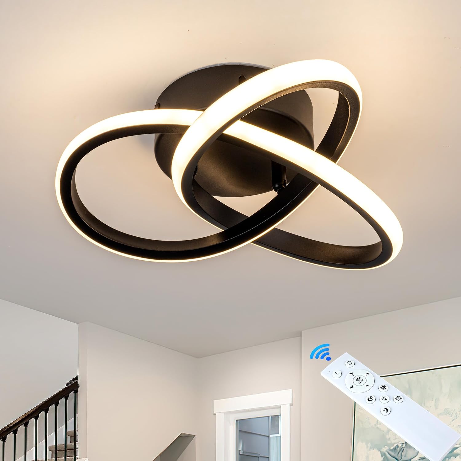 TIAZFCA 10-Inch Modern Ceiling Light, 24W Dimmable LED, Remote Control, 3000–6000K Adjustable Color Temperature, Black