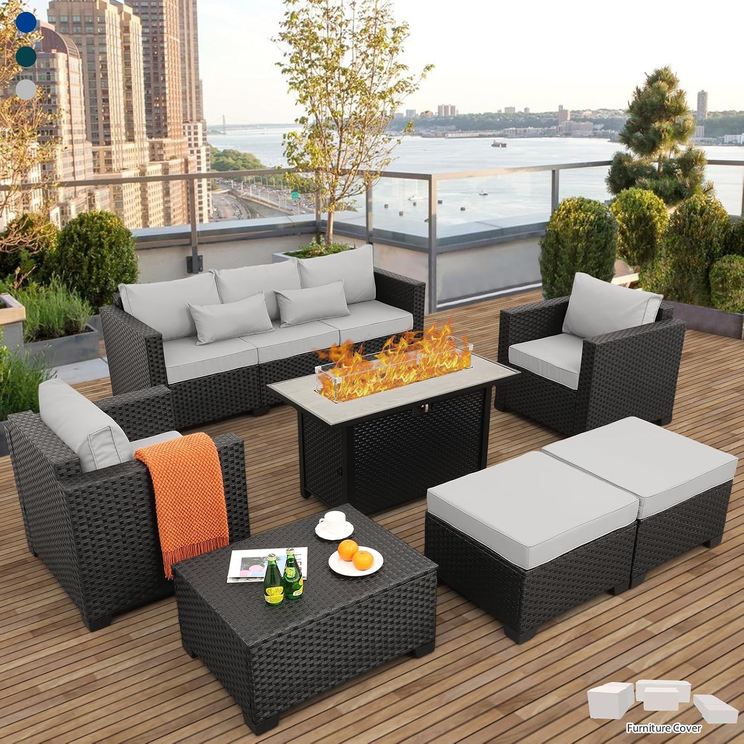 7-Piece Outdoor Patio Furniture Set with 45-Inch Fire Pit Table, 60,000 BTU, Light Grey