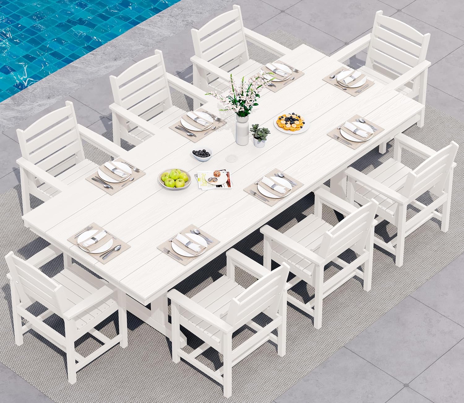 SERWALL 9-Piece 84-Inch HDPE Outdoor Dining Set for 8 with Armchairs, White