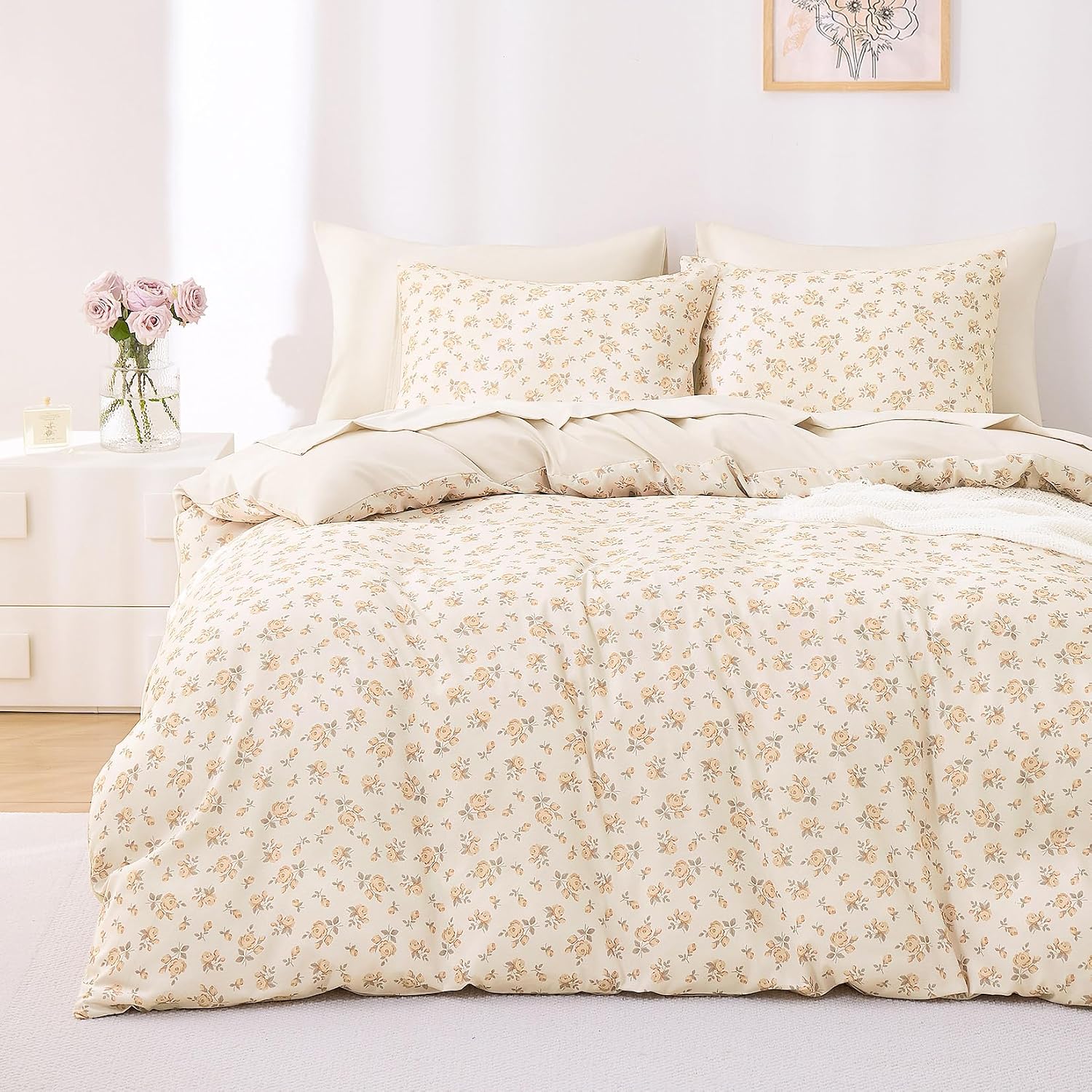 Coquette Floral Cottagecore Duvet Cover Set, 3-Piece, Apricot Cream, Twin/Twin XL