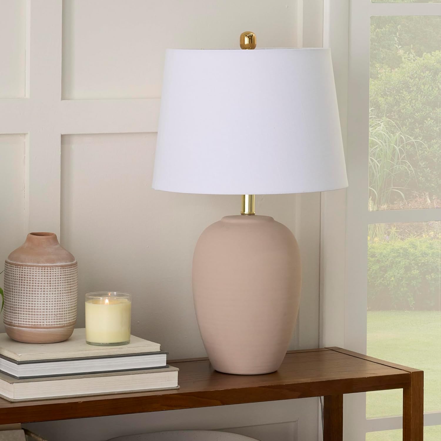 Nourison Home 23" Light Pink Ceramic Jar Table Lamp with White Shade, Pack of 1