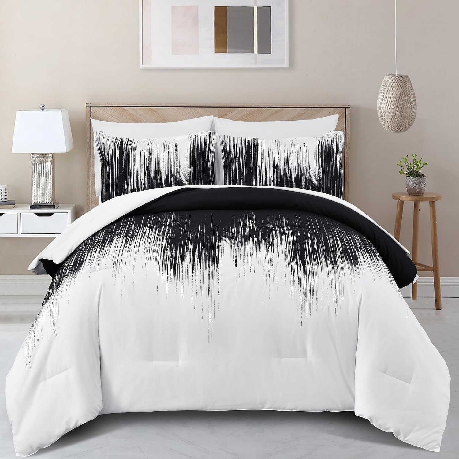 Dinjoy Ombre Black Comforter Set, Queen Size, Gradient Black and White, 7-Piece Bedding Set