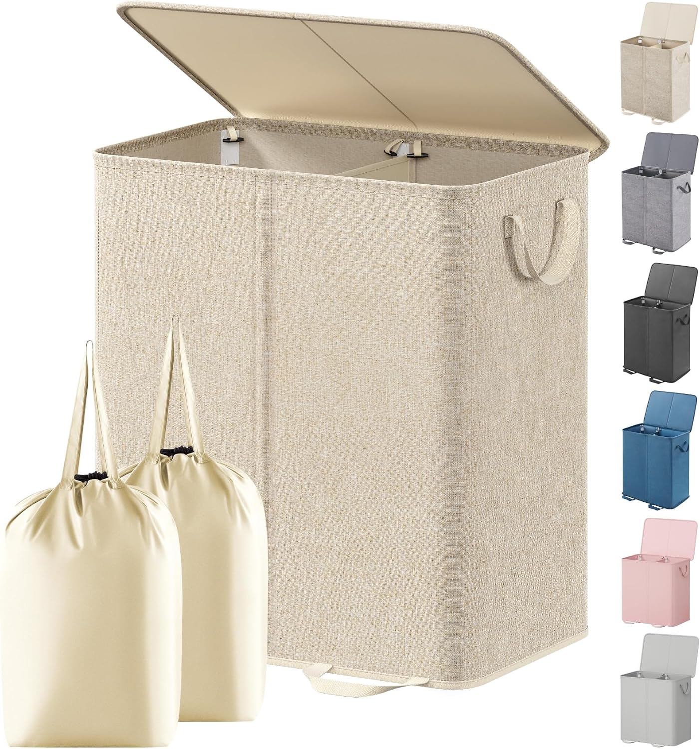 Lifewit Double Laundry Hamper with Lid, Removable Laundry Bags, Beige