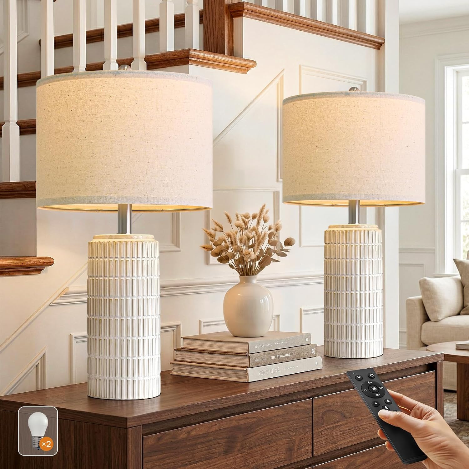 PoKat 23" White Ceramic Table Lamps, Set of 2, Dimmable with Remote, Bulbs Included