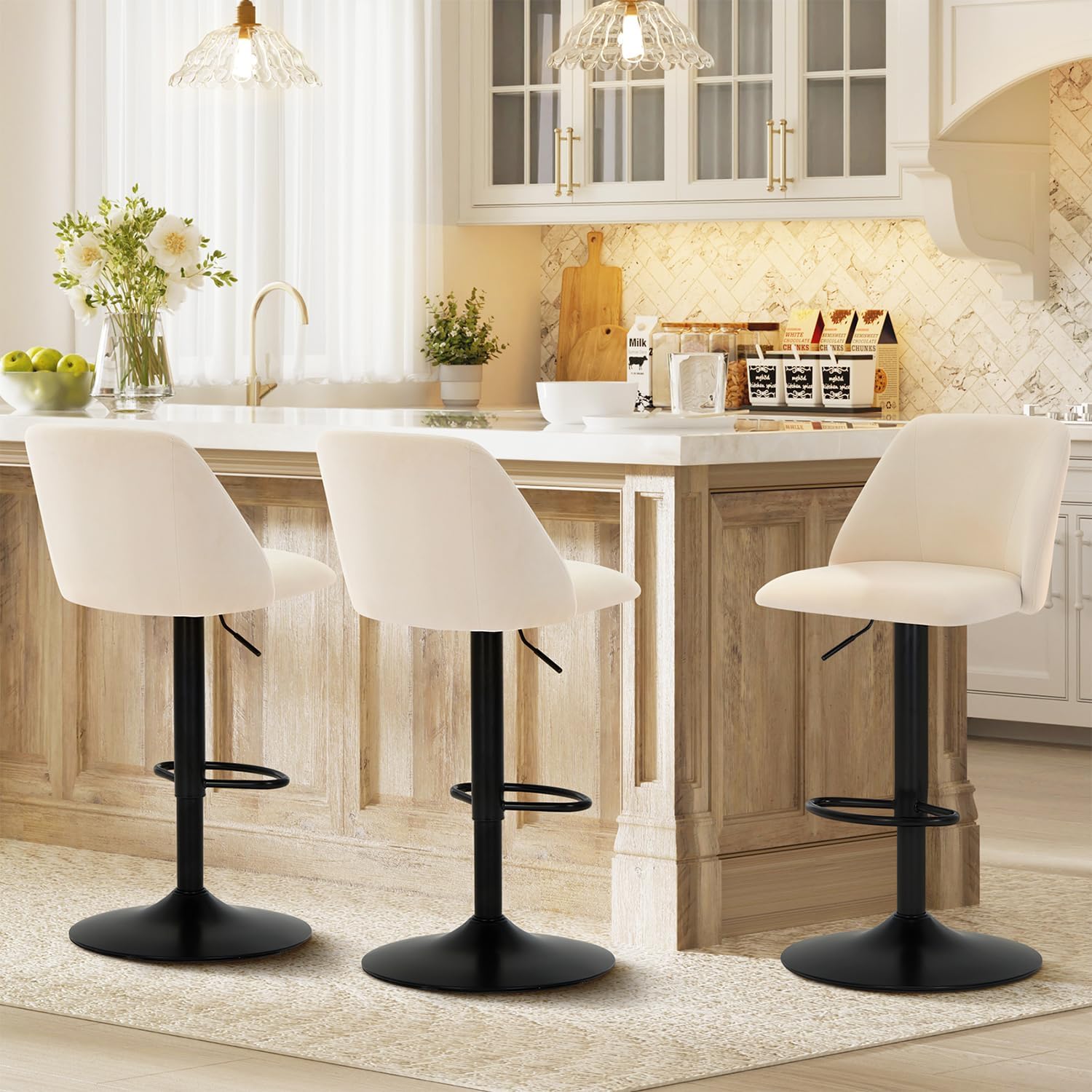 COLAMY Set of 3 Beige Adjustable Upholstered Swivel Bar Stools with Full Backrests