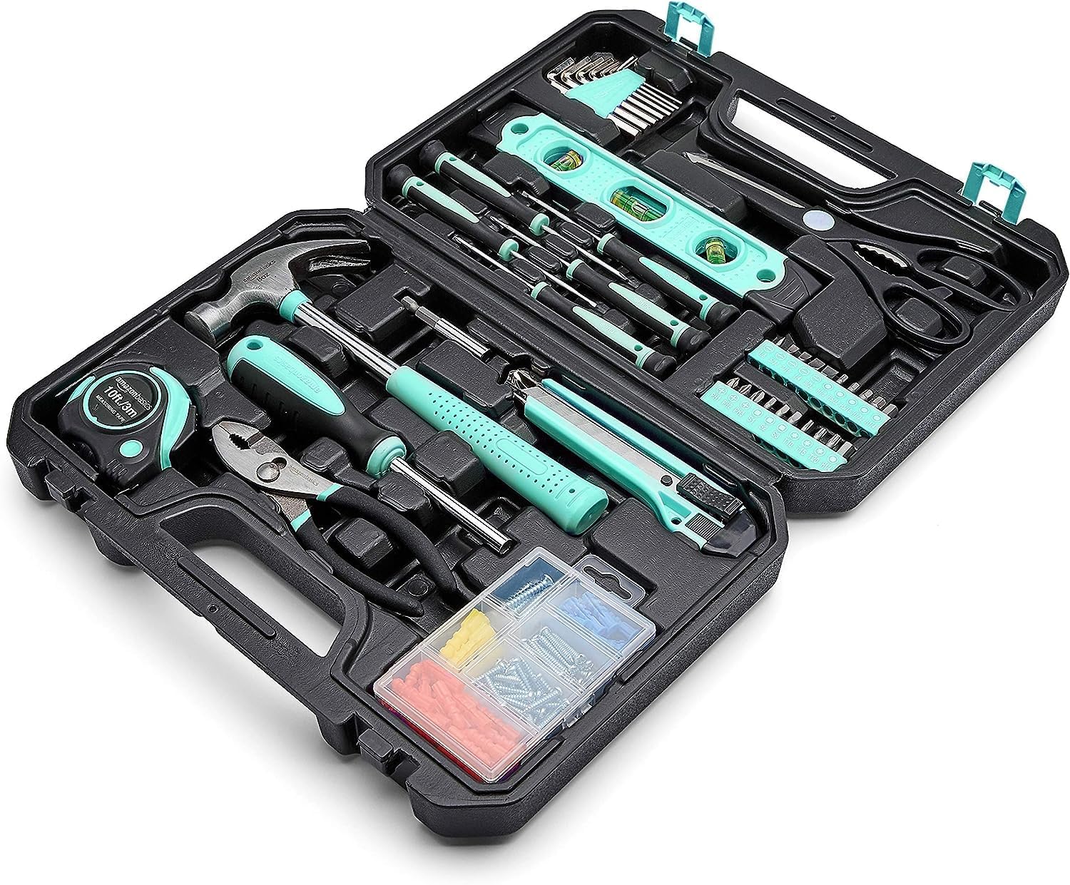 Amazon Basics 142-Piece Household Tool Kit with Storage Case, Turquoise