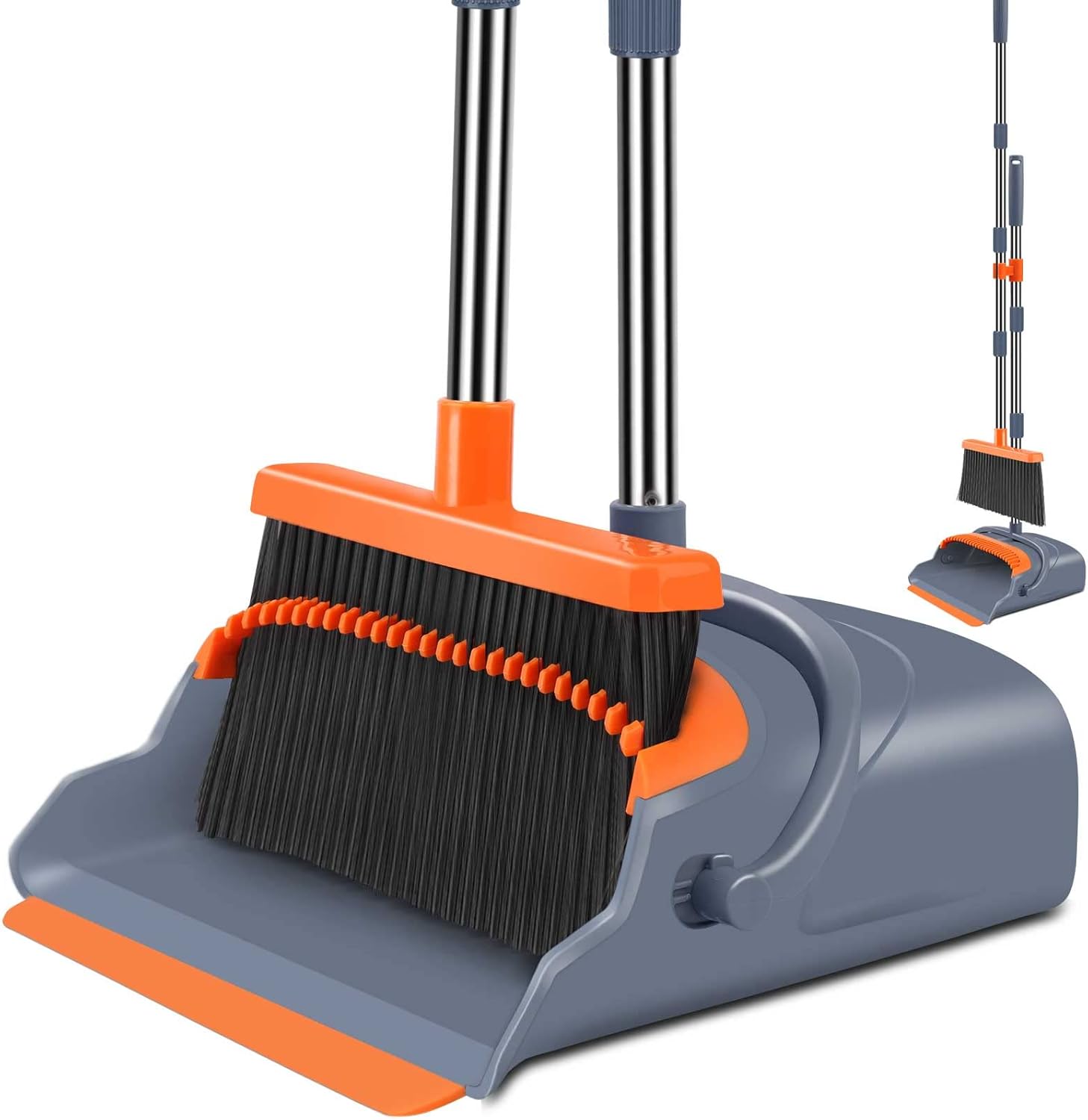 Upgrade Broom and Dustpan Set with Self-Cleaning Dustpan Teeth, Gray & Orange