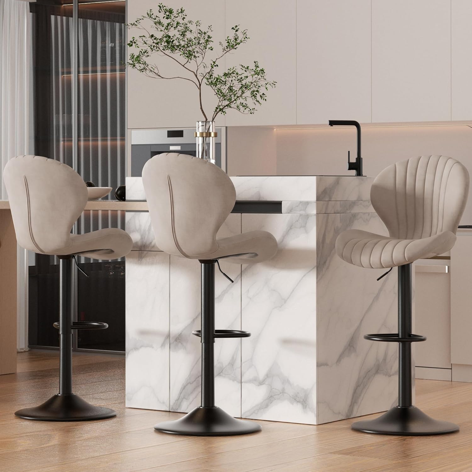 Nalupatio Set of 3 Modern Swivel Bar Stools, Adjustable Fabric Upholstered Counter-Height Chairs with High Backrests, Light Khaki
