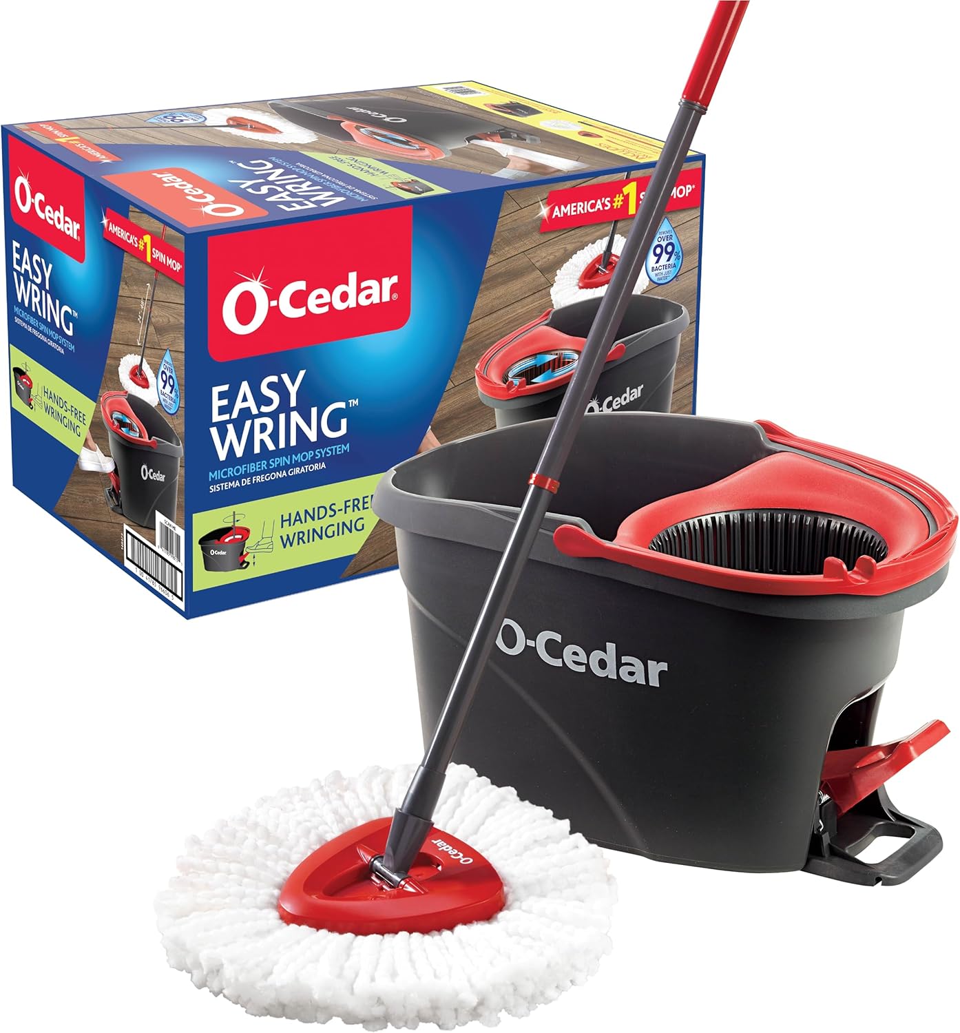 O-Cedar EasyWring Microfiber Spin Mop, Bucket Floor Cleaning System, Red and Gray, Standard