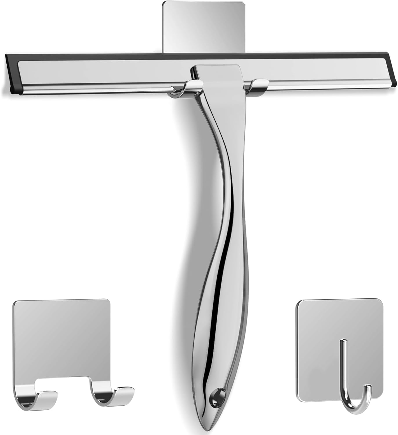 All-Purpose Stainless Steel Shower Squeegee, 10-Inch Silver, with 2 Adhesive Hooks