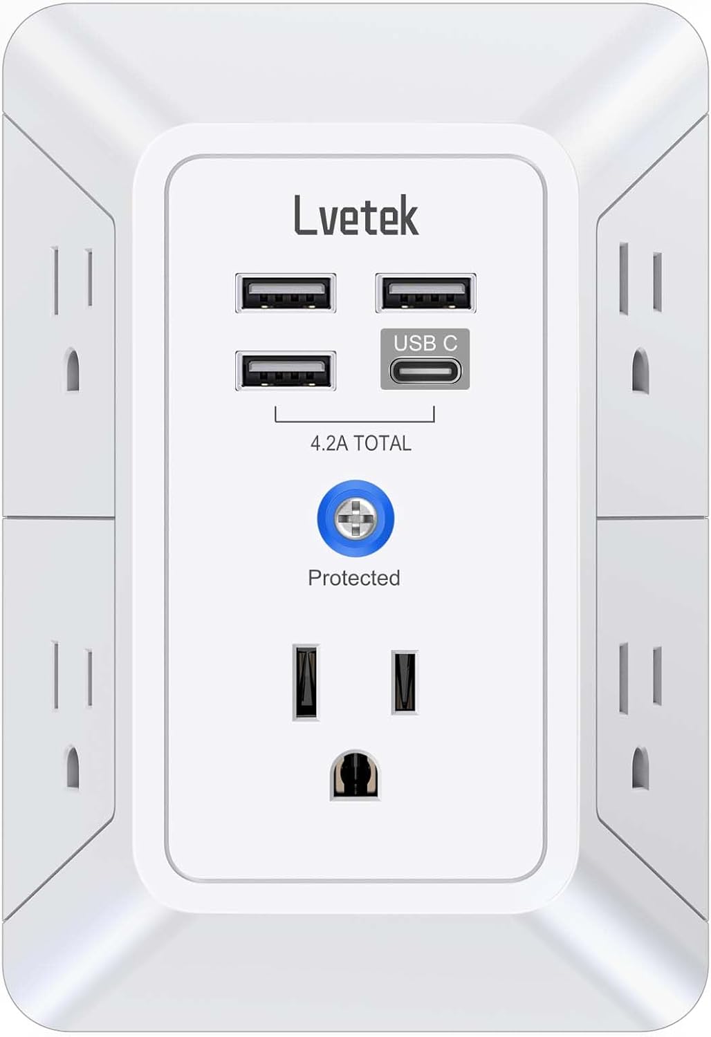 5-Outlet Wall Extender with 4 USB Charging Ports, 1 USB-C, 3-Sided 1680J Surge Protector, White