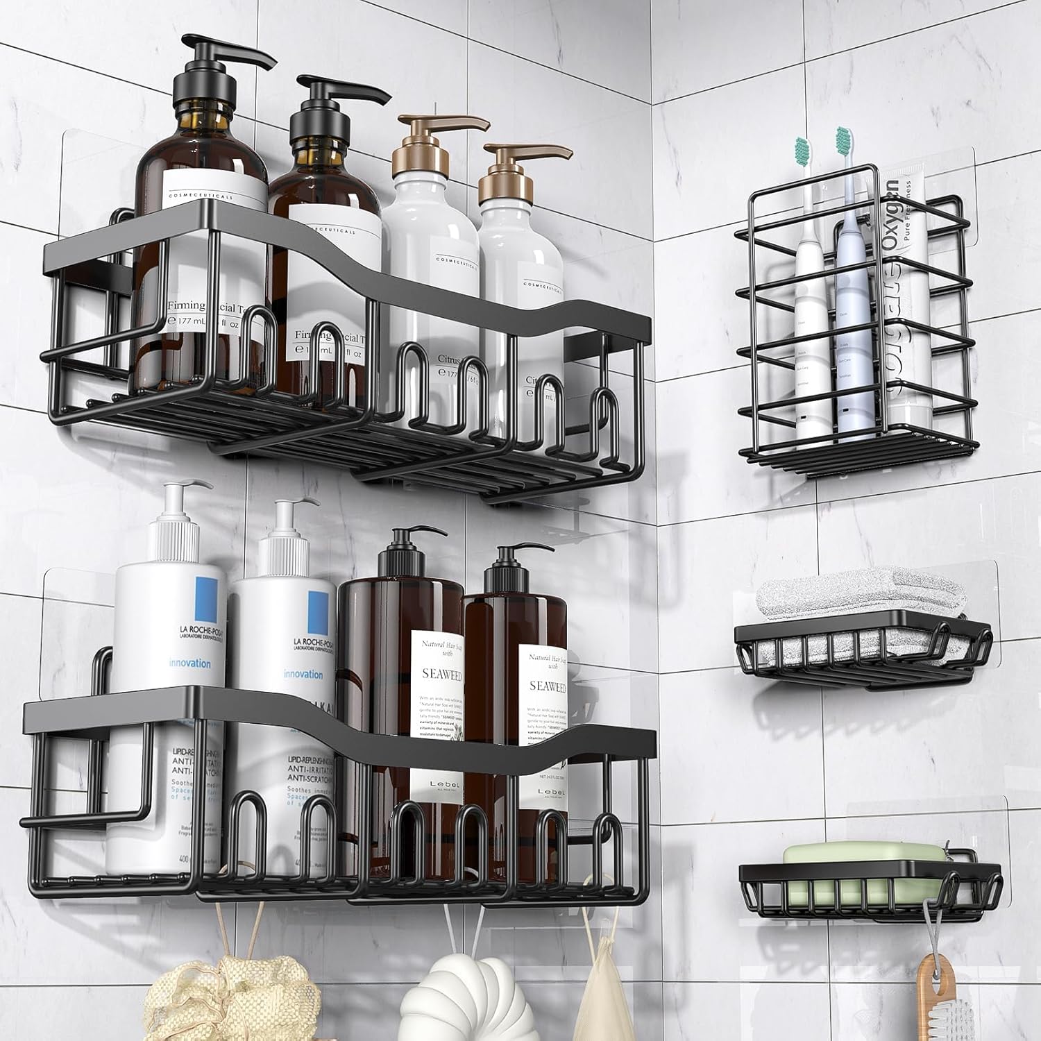 EUDELE Adhesive Shower Caddy, 5-Pack, Rustproof Stainless Steel, No-Drilling Bathroom Organizers
