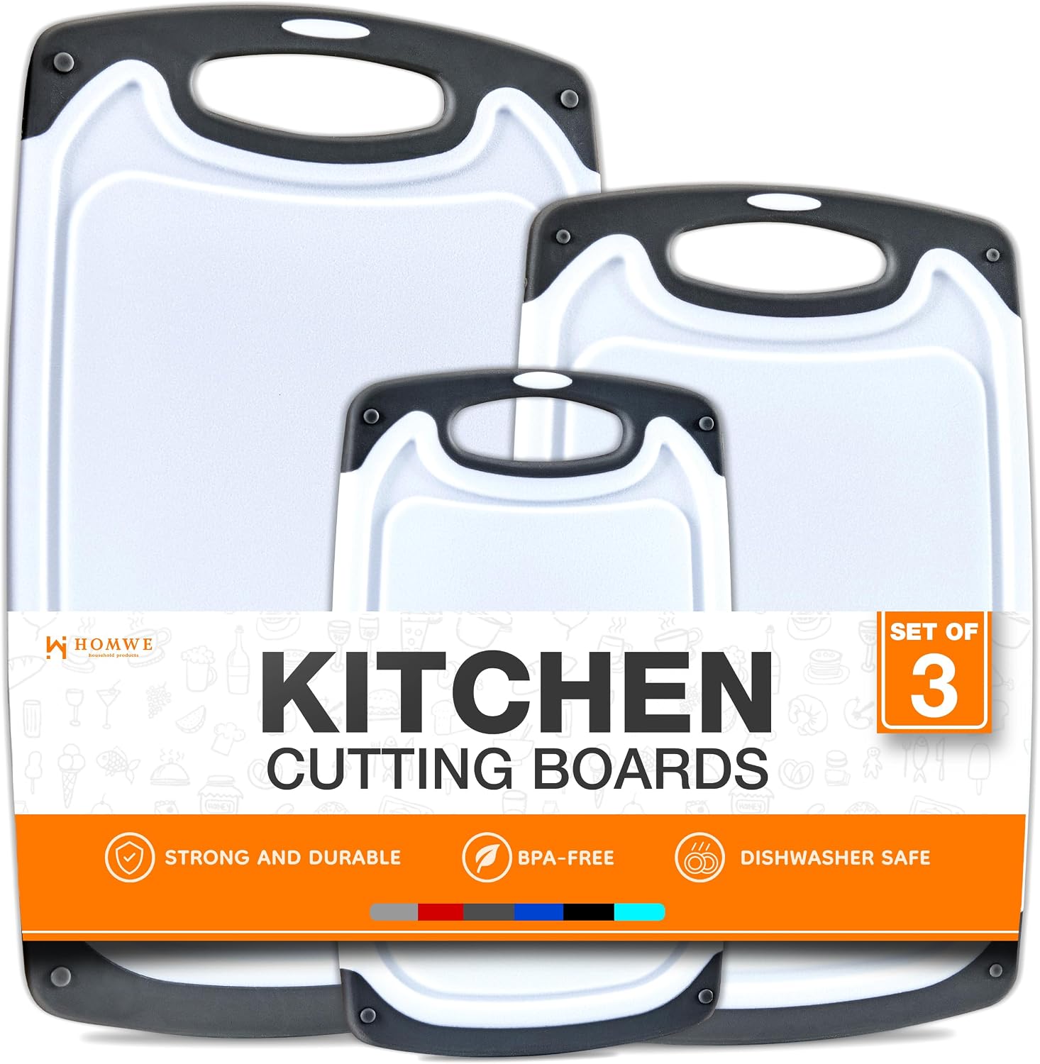 3-Pack Gray Reversible Cutting Boards for Kitchen, BPA-Free, Different Sizes with Non-Slip Handles