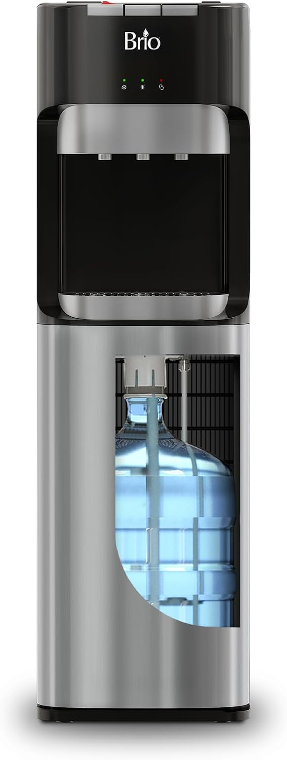 Brio Stainless Steel Bottom-Loading Water Cooler Dispenser for 5-Gallon Bottles — Hot, Room & Cold Spouts