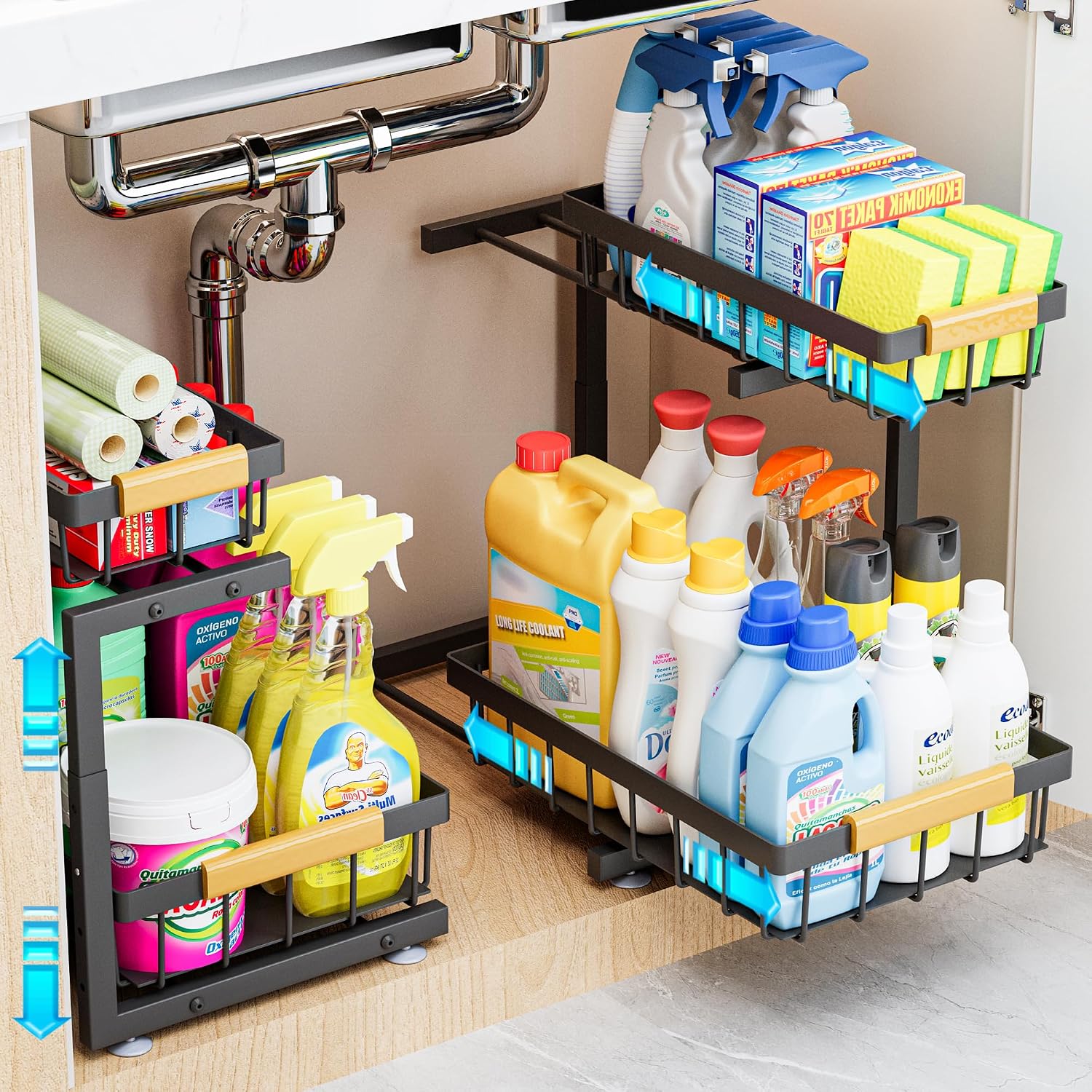 ADBIU Under-Sink Organizer, 2-Pack, 2-Tier Expandable Height 13.2–17.2 in