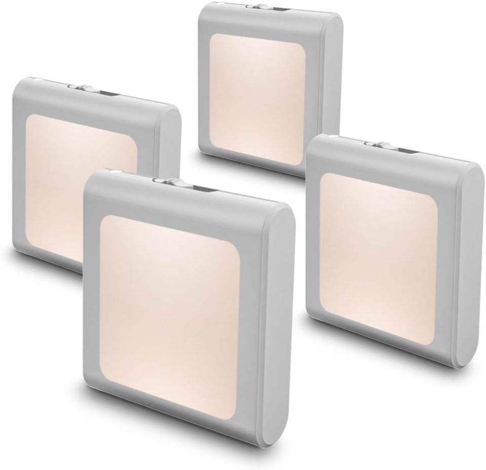 MAZ-TEK Dimmable LED Plug-In Night Lights, Soft Warm White, Auto Dusk-to-Dawn Sensor, 4 Pack