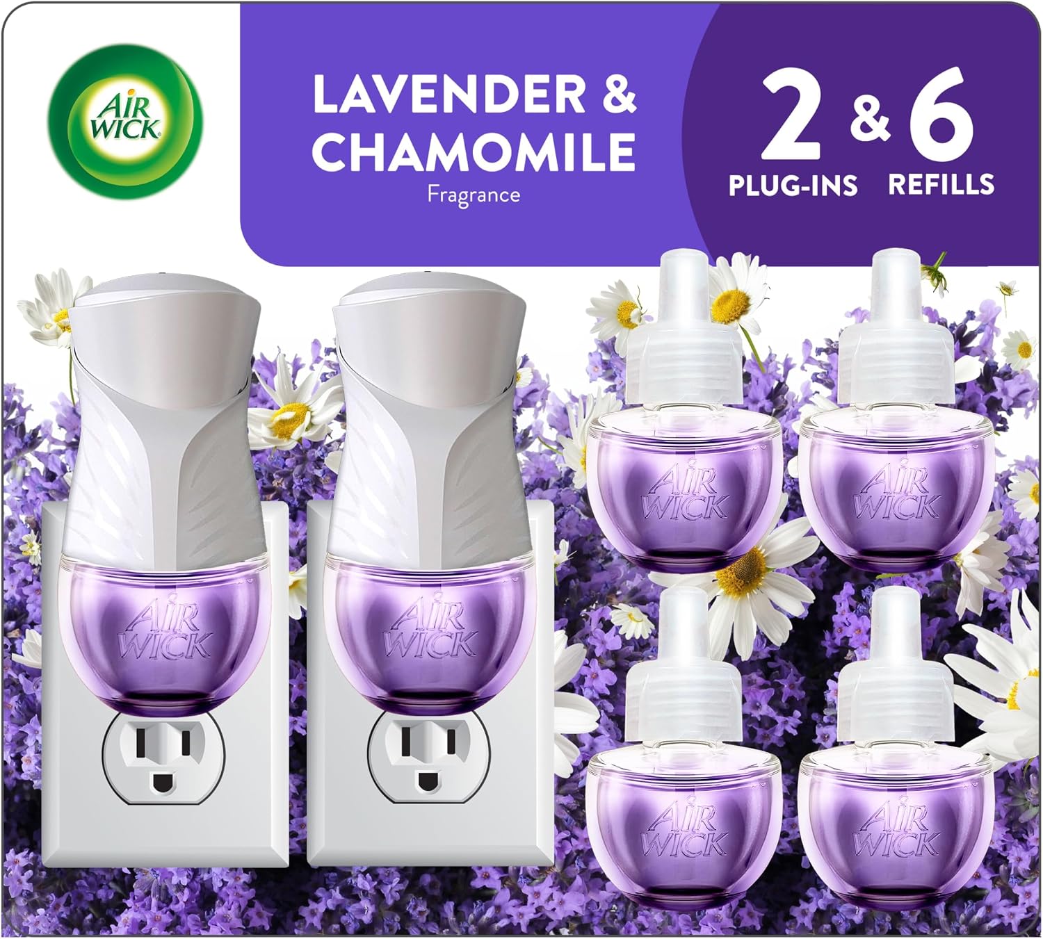 Air Wick Plug-In Scented Oil Starter Kit, 2 Warmers + 6 Refills, Lavender & Chamomile