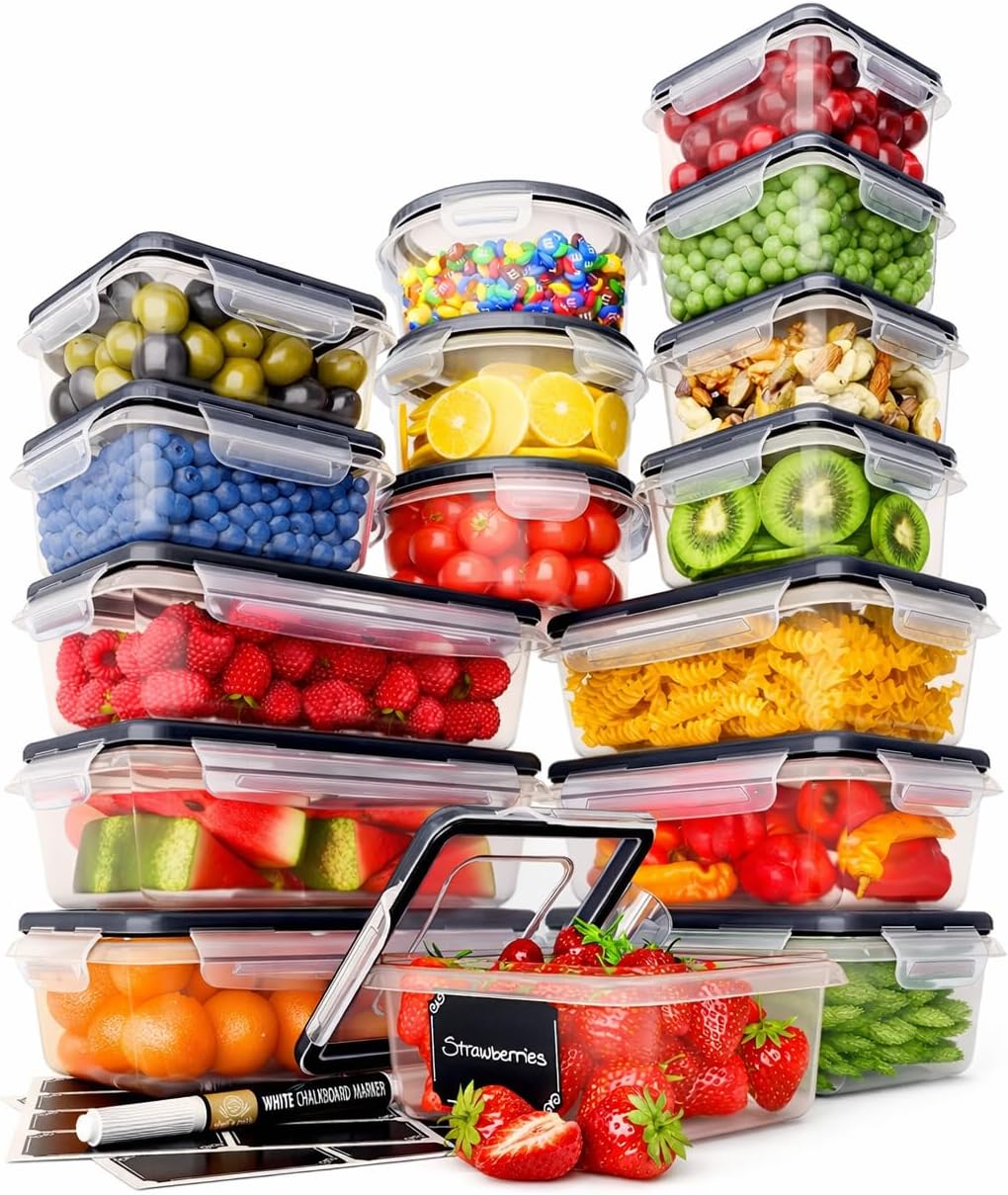 Chef's Path 32-Piece Airtight Food Storage Container Set — 16 Containers with Easy Snap Lids, Stackable, Transparent