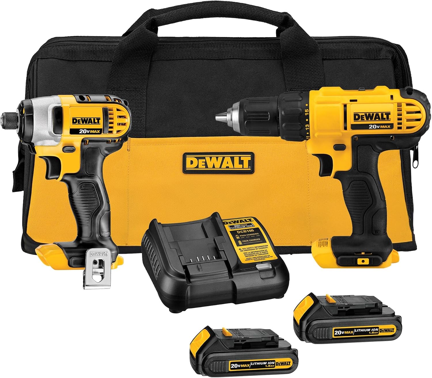 DEWALT 20V MAX Cordless Drill and Impact Driver Combo Kit (DCK240C2) with 2 Batteries, Charger and Bag