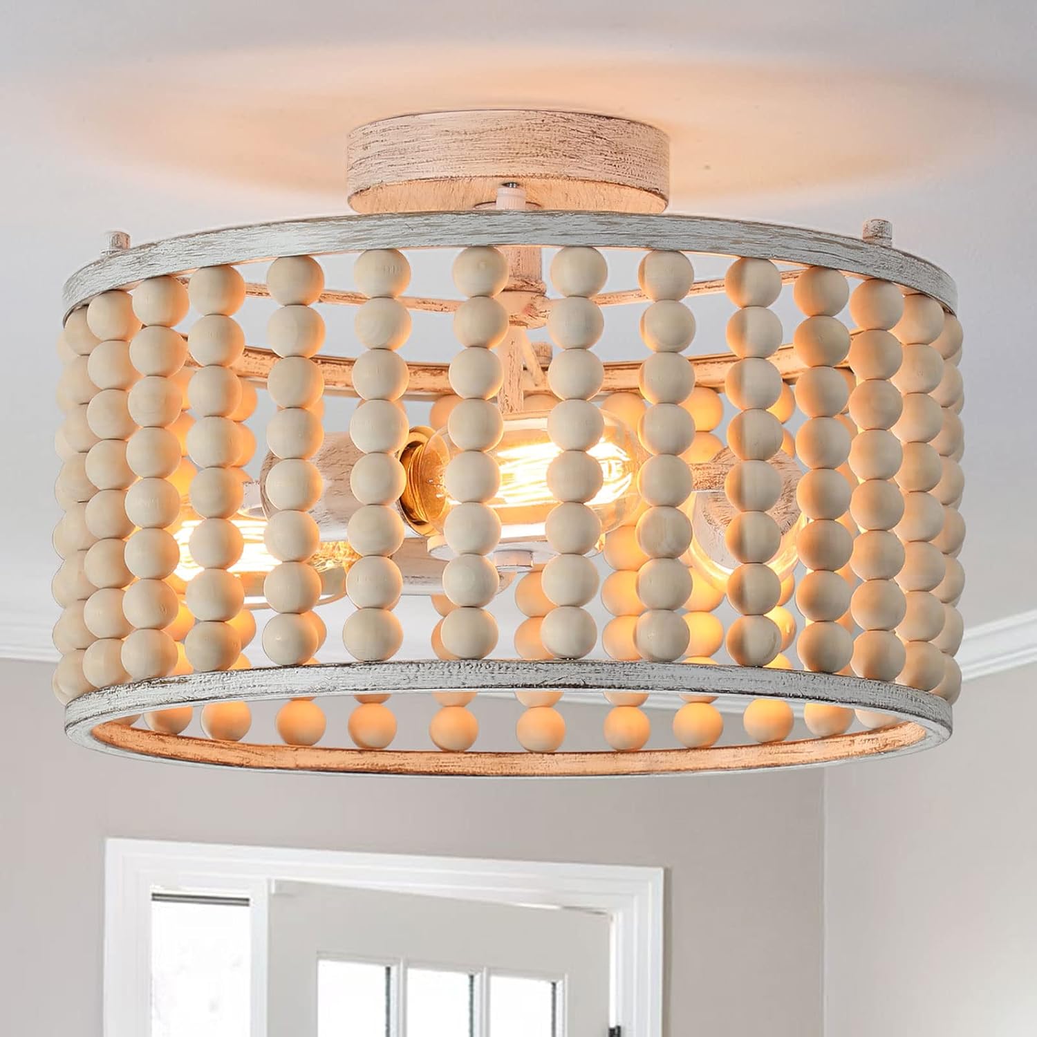 tewei Wood Beaded Boho Chandelier Light Fixture, Semi-Flush Mount, 3-Light, Oak White, E26 Base