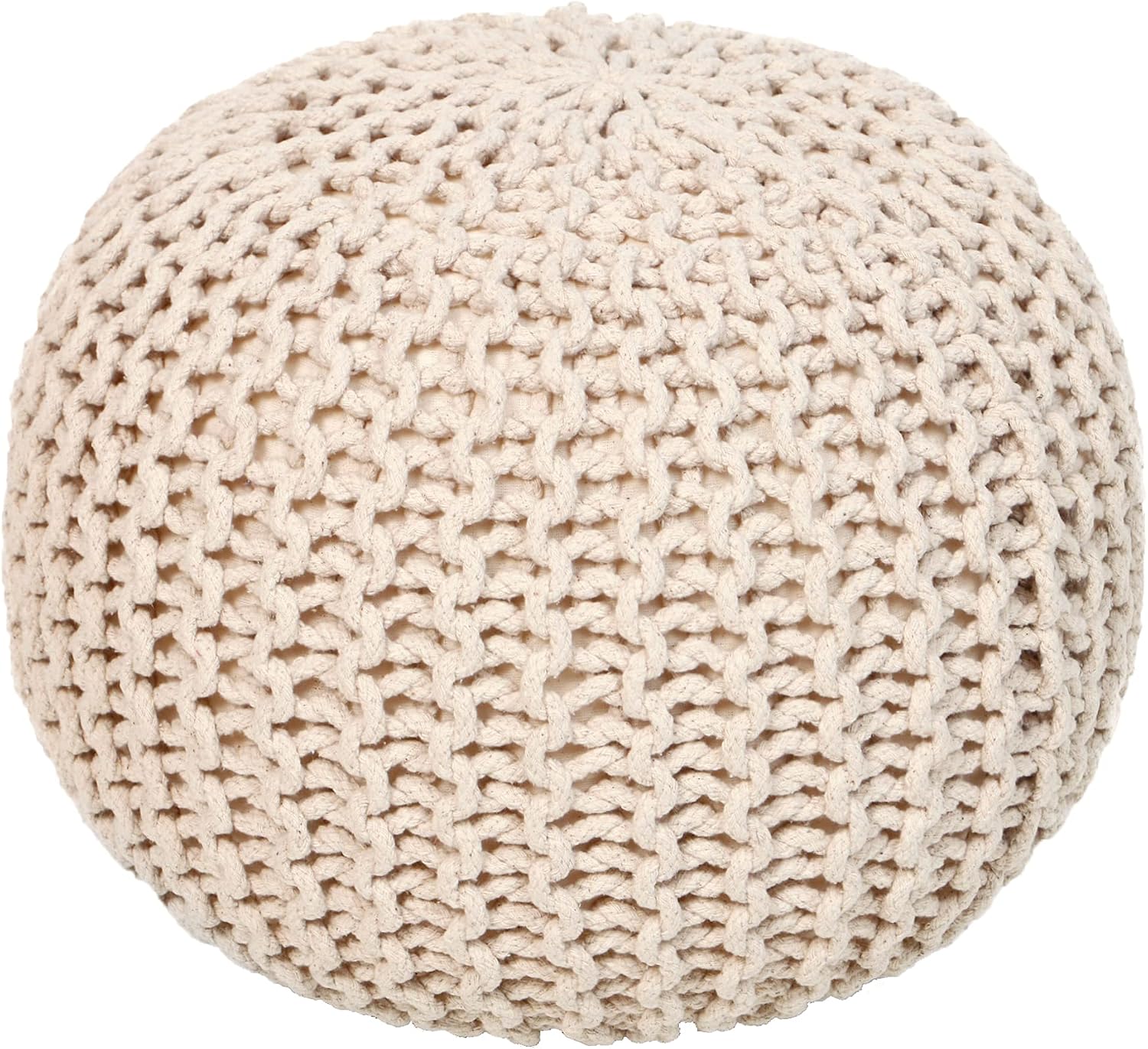 REDEARTH Round Pouf Ottoman – Hand Knitted Boho Poof Footrest, Ivory