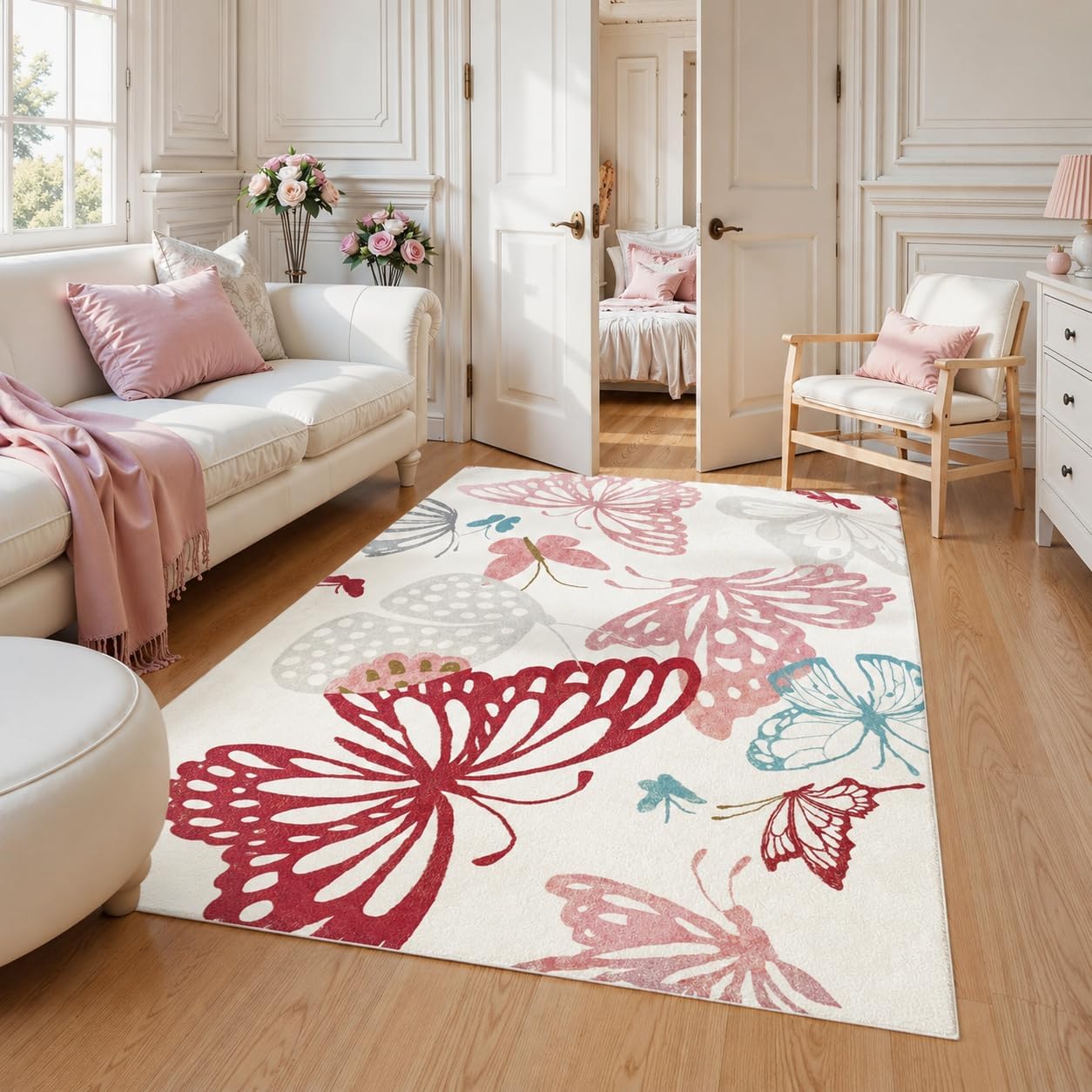 Girls bedroom Butterfly Area Rug, 5x7 Pink Washable Kids Rug with Non-Slip Backing
