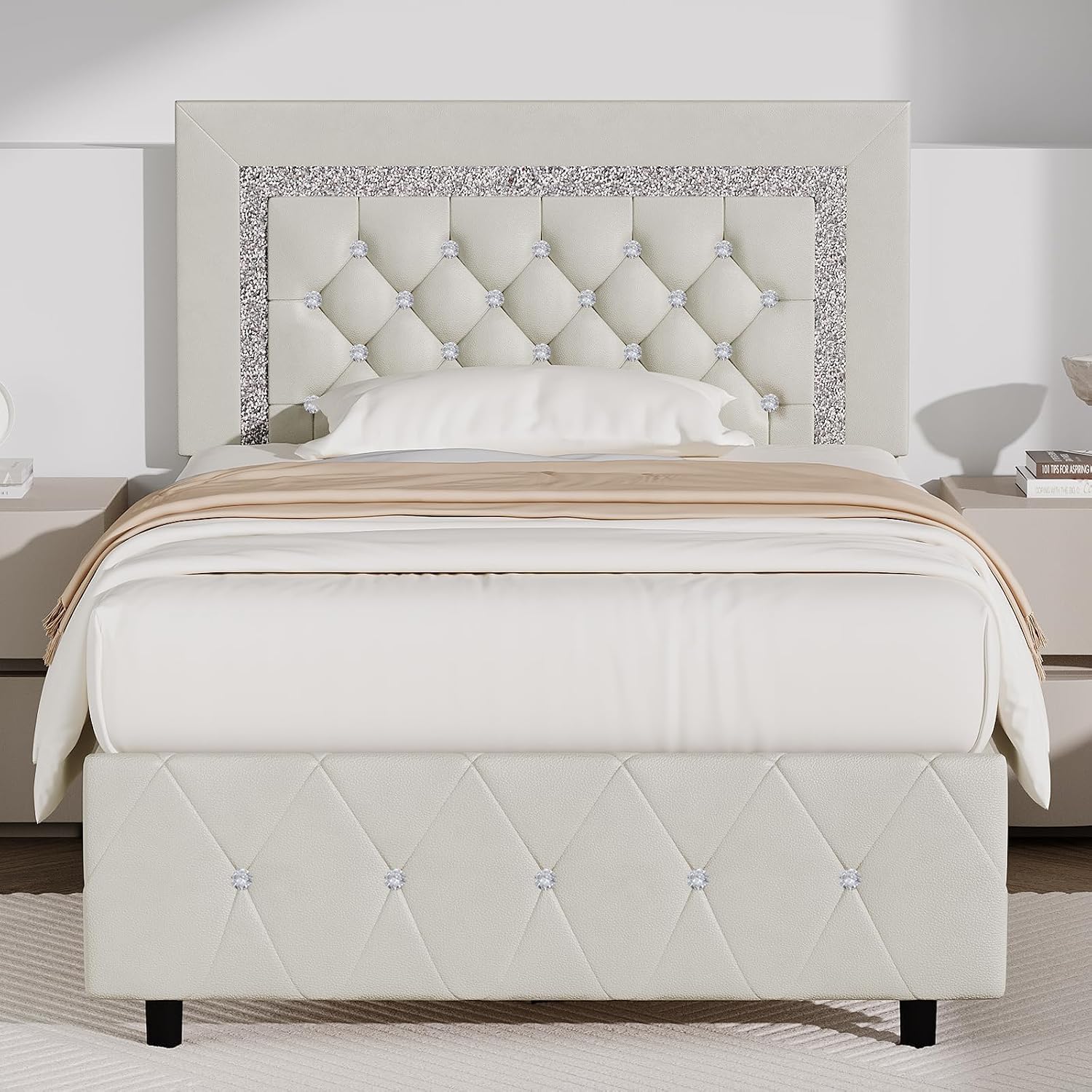 BarnFurin Twin Bed Frame with Diamond Tufted Headboard, Cream