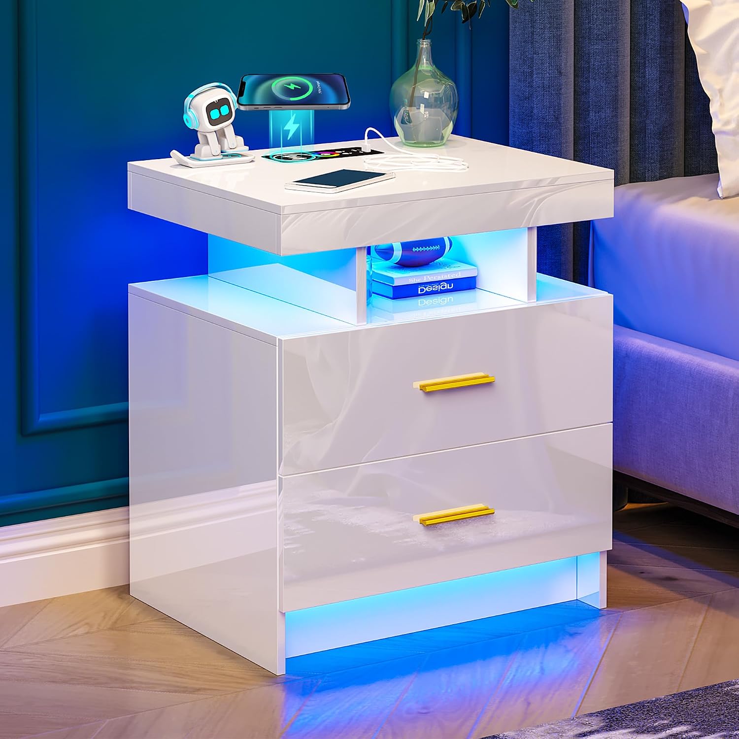 White Nightstand with LED Light and Wireless Charger for Bedroom