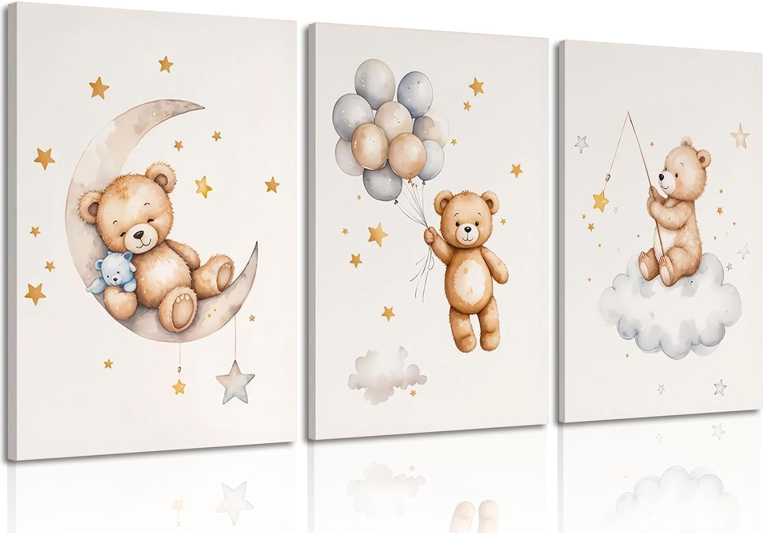 3-Piece Framed Teddy Bear Nursery Canvas Wall Art, Sleeping Bear on Moon and Stars, Balloon and Cloud Prints, Neutral Decor, 12 x 16 in