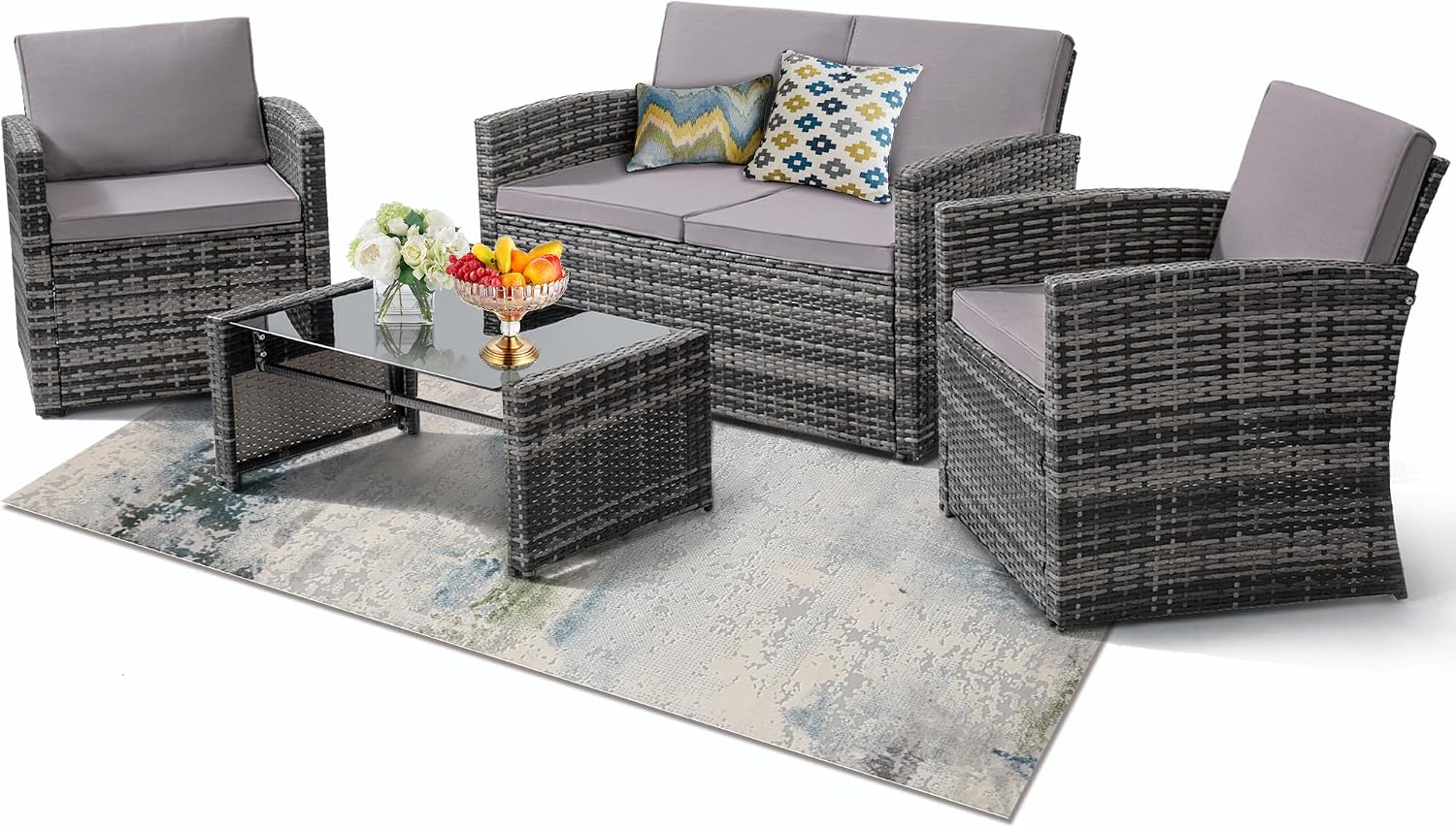 KROFEM 4-Piece Patio Furniture Set – Outdoor Wicker Conversation Set