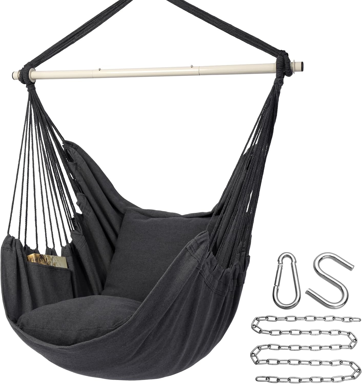 Y- STOP Hammock Chair Hanging Rope Swing Chair, Dark Grey, 500 lb, 2 Seat Cushions, Removable Steel Spreader Bar, Hardware Kit